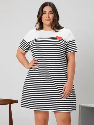 Casual Striped Embroidery Short Sleeve Round Neck Straight Natural Short Plus Size Dress