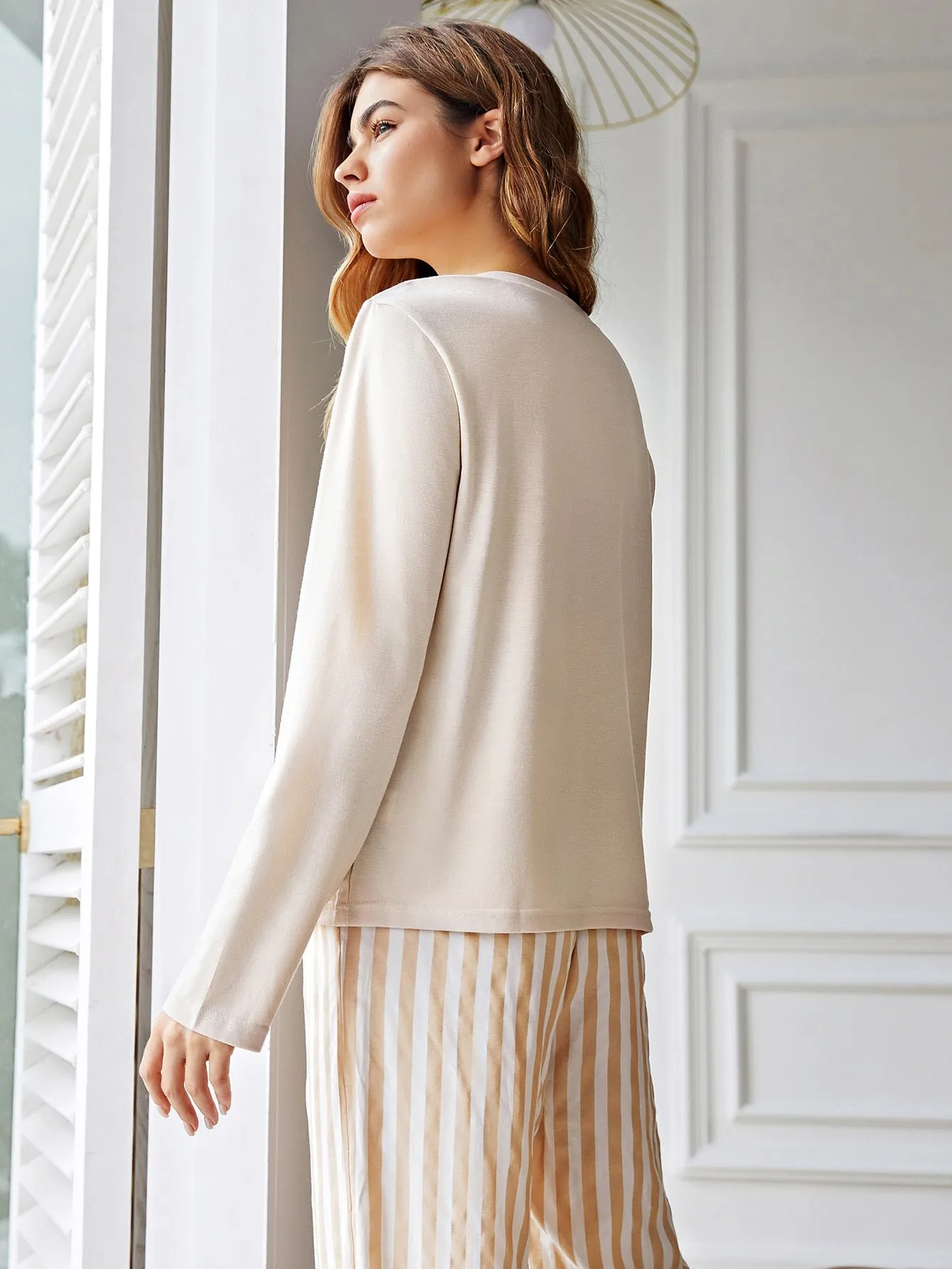 Casual Striped Long Sleeve V Neck Women Pajama Sets