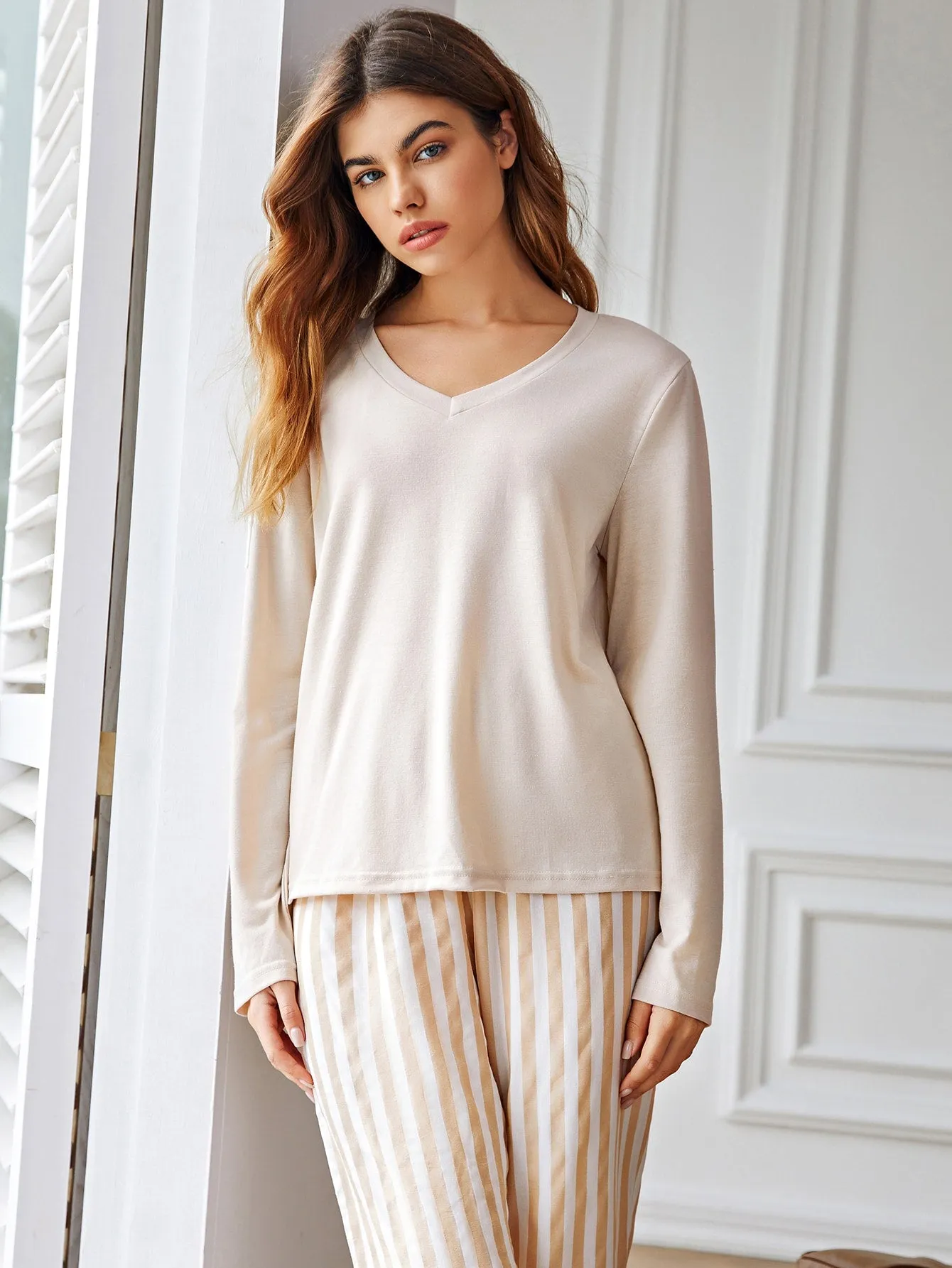 Casual Striped Long Sleeve V Neck Women Pajama Sets