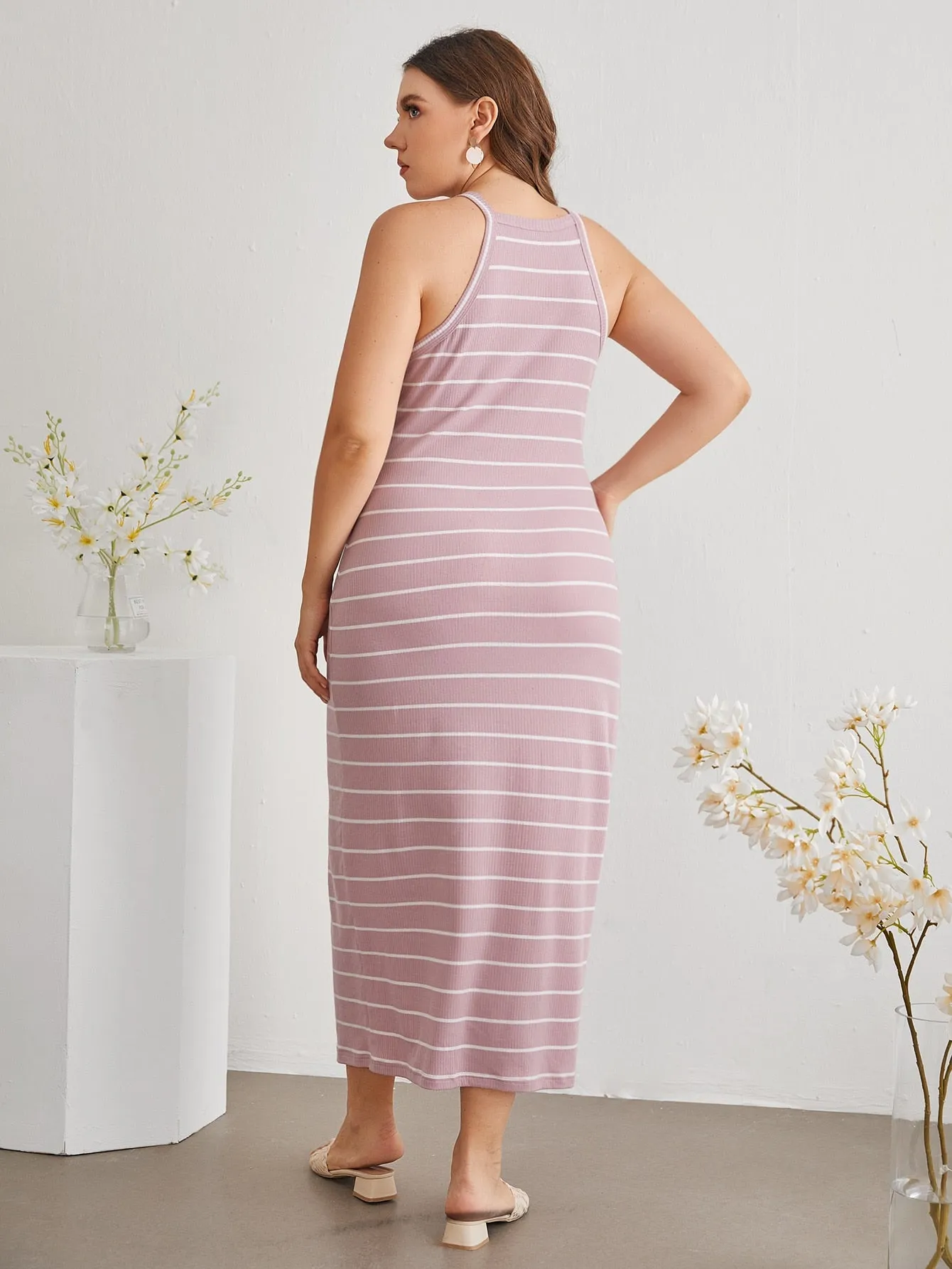 Casual Striped Rib-Knit Sleeveless Spaghetti Strap Pencil Natural Long Plus Size Dress