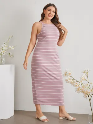 Casual Striped Rib-Knit Sleeveless Spaghetti Strap Pencil Natural Long Plus Size Dress