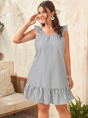 Casual Striped Ruffle Hem Sleeveless Sweetheart Flounce Drop Waist Short Plus Size Dress