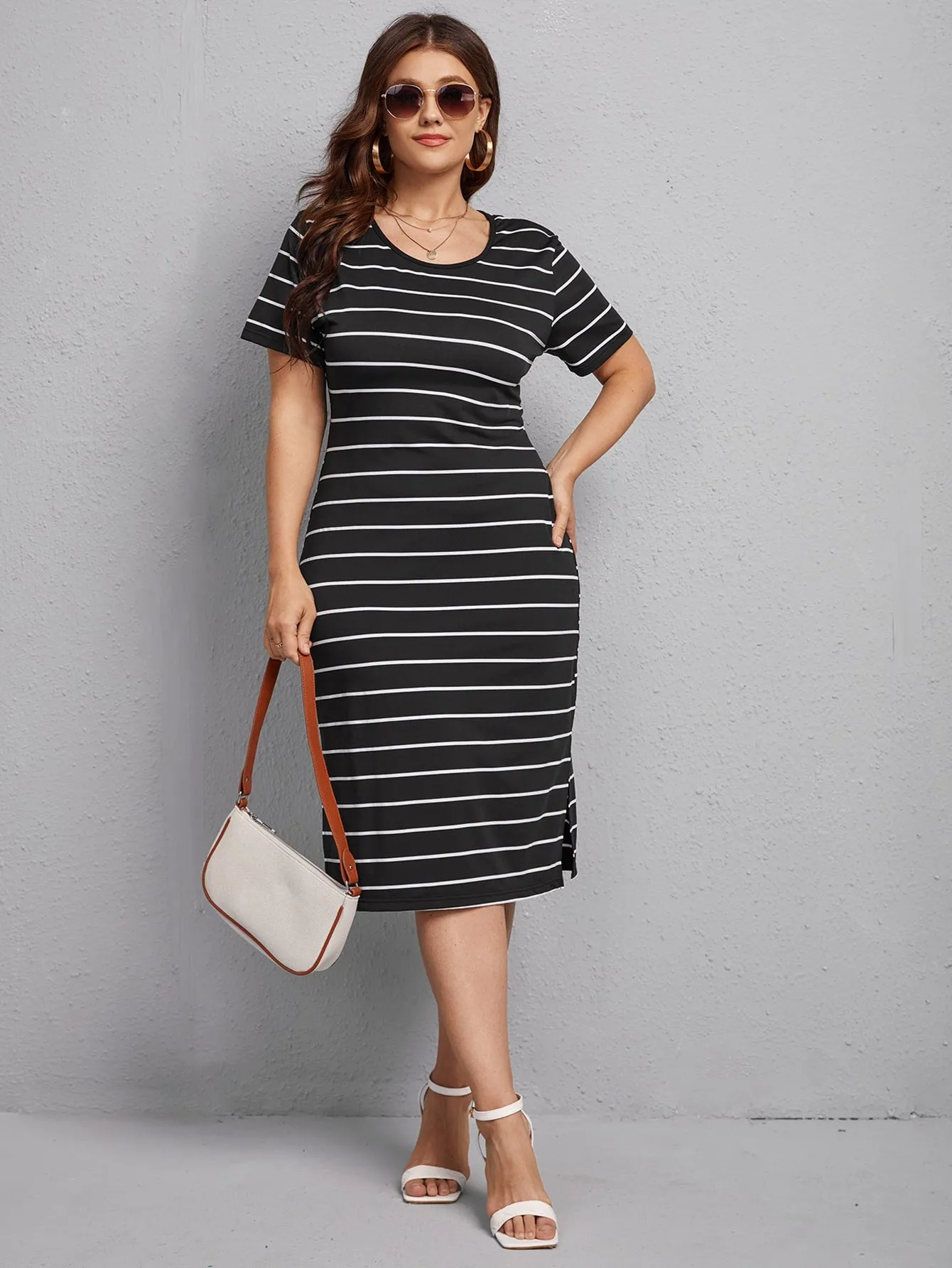 Casual Striped Split Short Sleeve Scoop Neck Slit Natural Midi Plus Size Dress