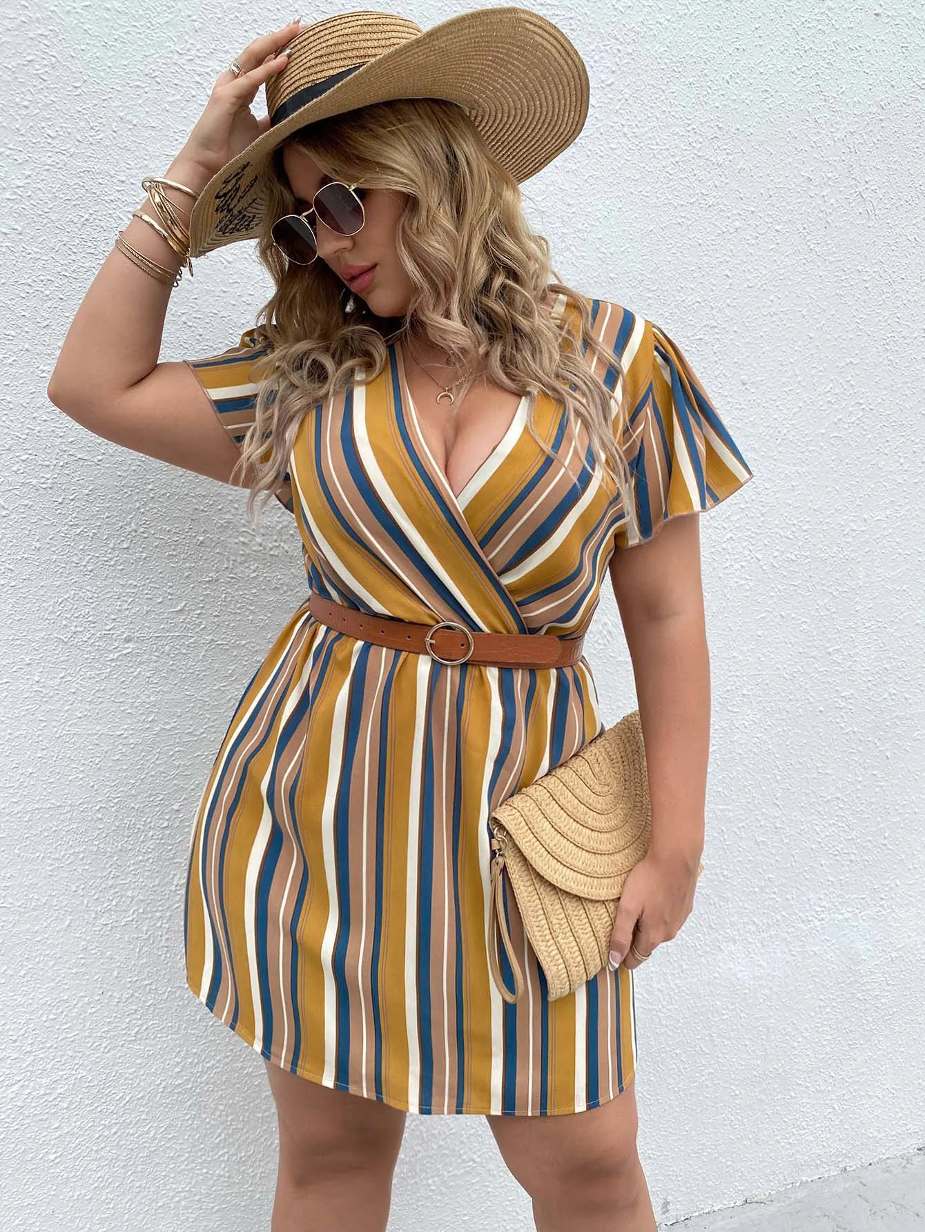 Casual Striped Wrap Short Sleeve Deep V Neck Straight High Waist Short Plus Size Dress