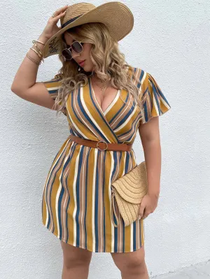 Casual Striped Wrap Short Sleeve Deep V Neck Straight High Waist Short Plus Size Dress