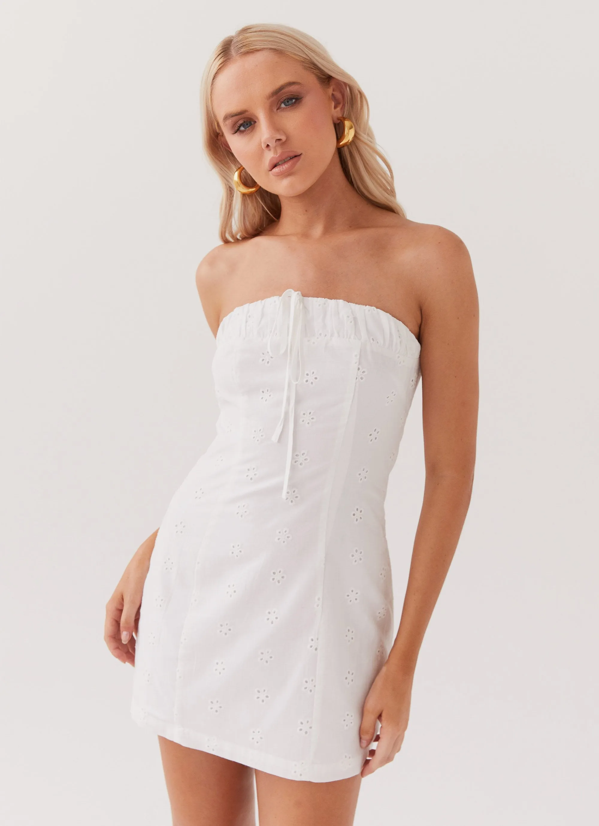 Bronwyn Broderie Mini Dress - White Tuckable Hem
