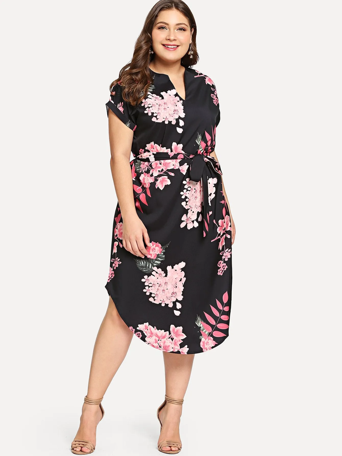 Casual Tropical Short Sleeve Notched Natural Long Plus Size Dress