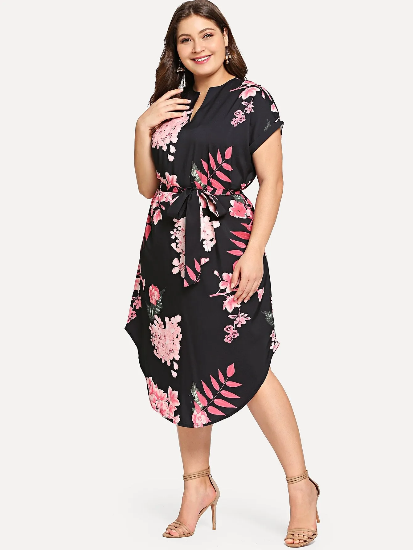 Casual Tropical Short Sleeve Notched Natural Long Plus Size Dress