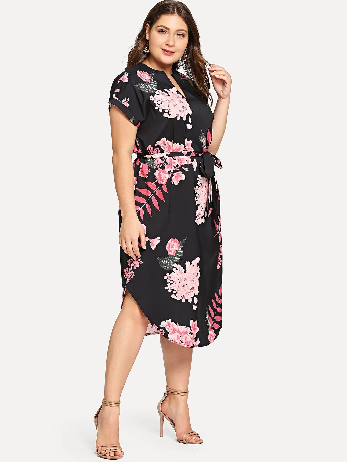 Casual Tropical Short Sleeve Notched Natural Long Plus Size Dress