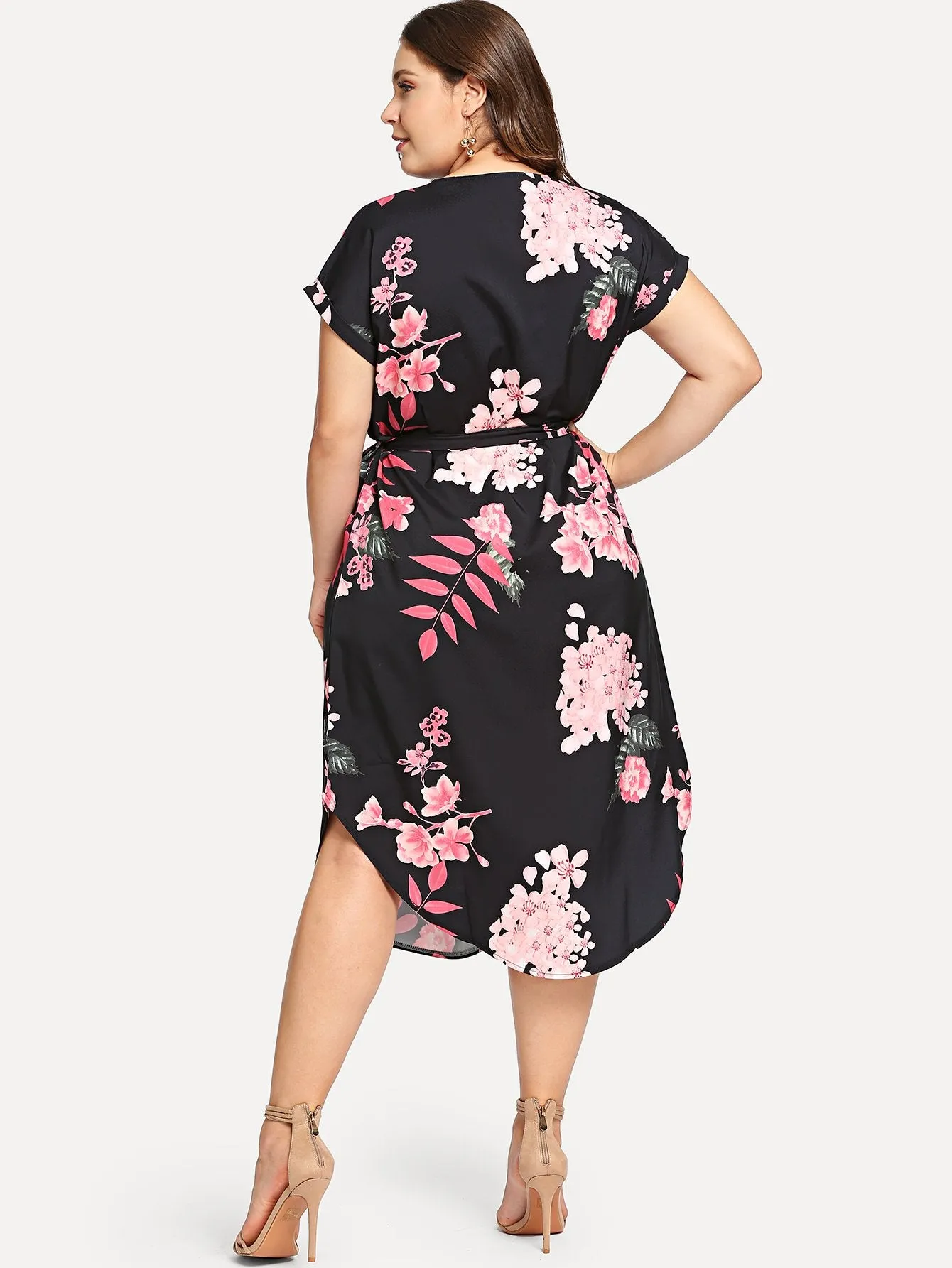 Casual Tropical Short Sleeve Notched Natural Long Plus Size Dress