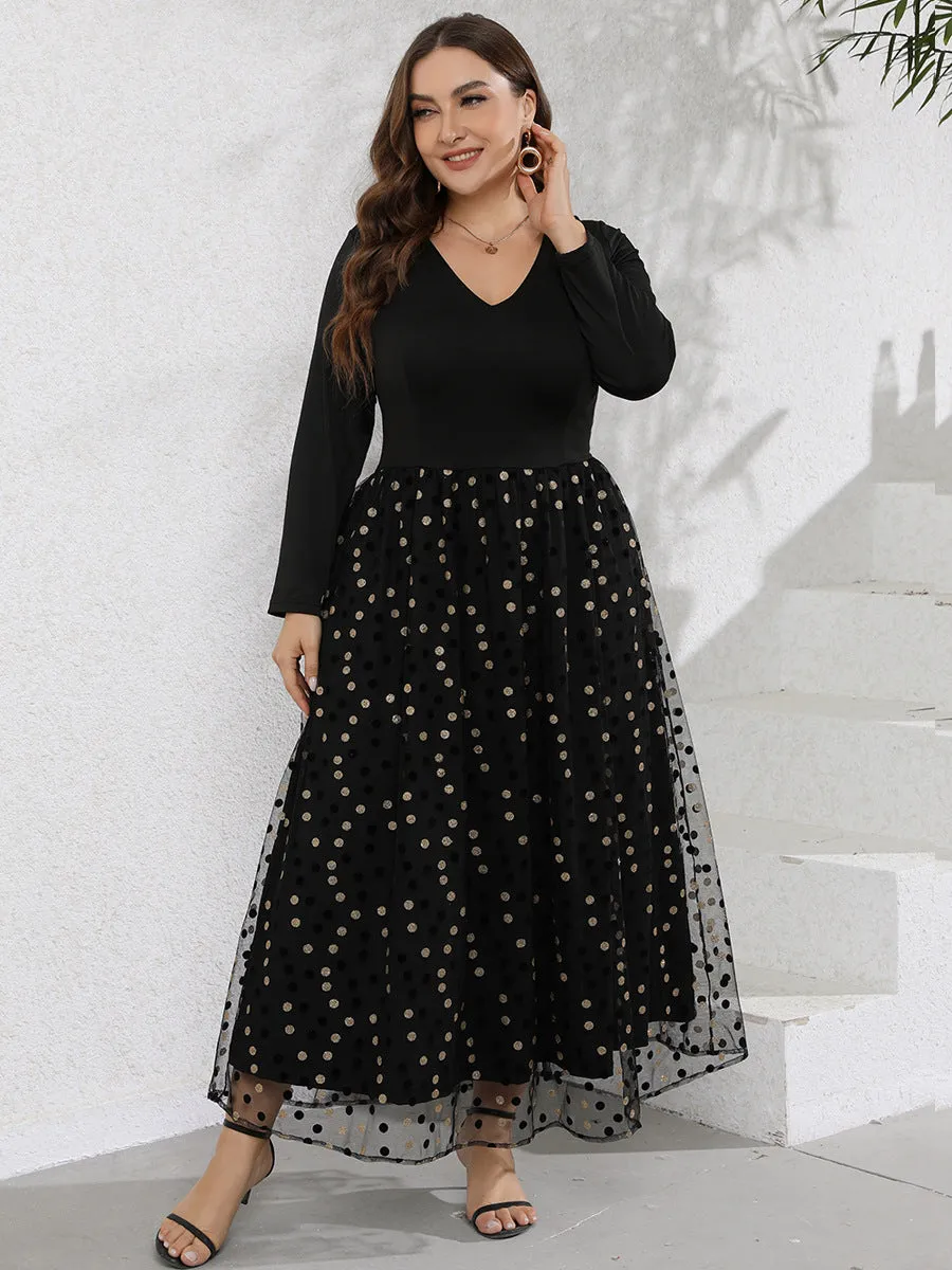 Casual V-neck Long-sleeved Polka-dot Dress