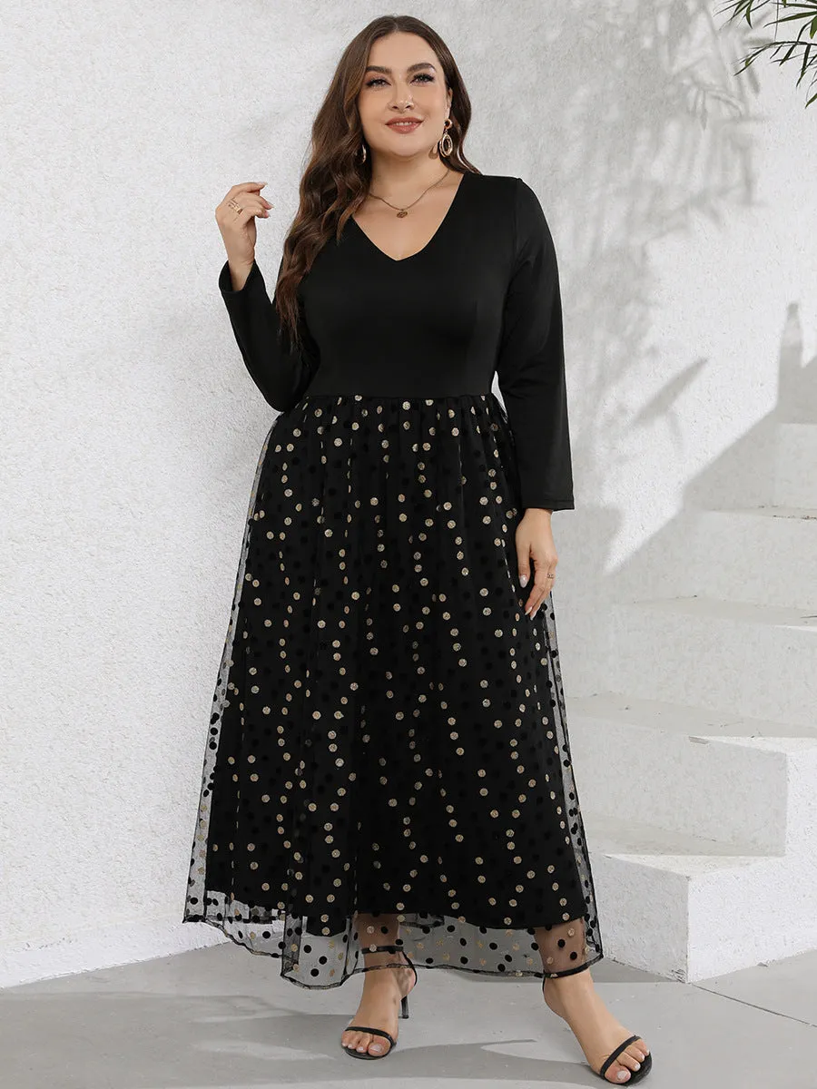 Casual V-neck Long-sleeved Polka-dot Dress