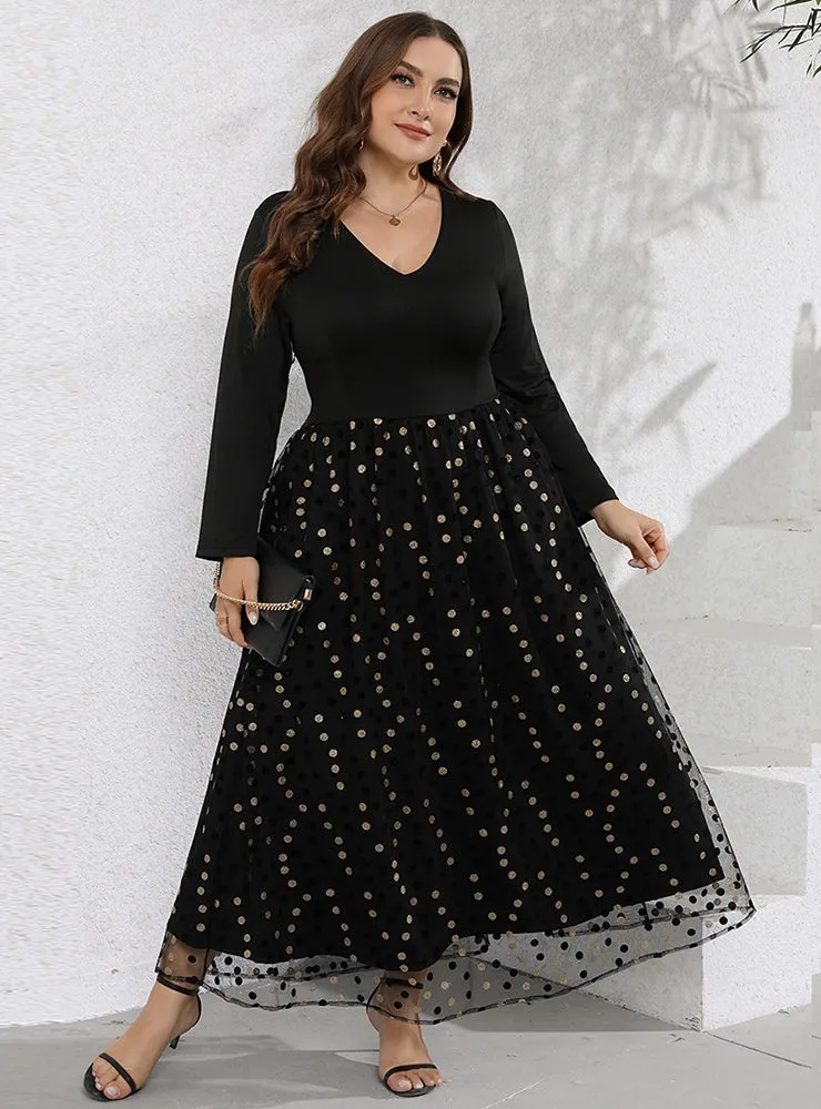 Casual V-neck Long-sleeved Polka-dot Dress