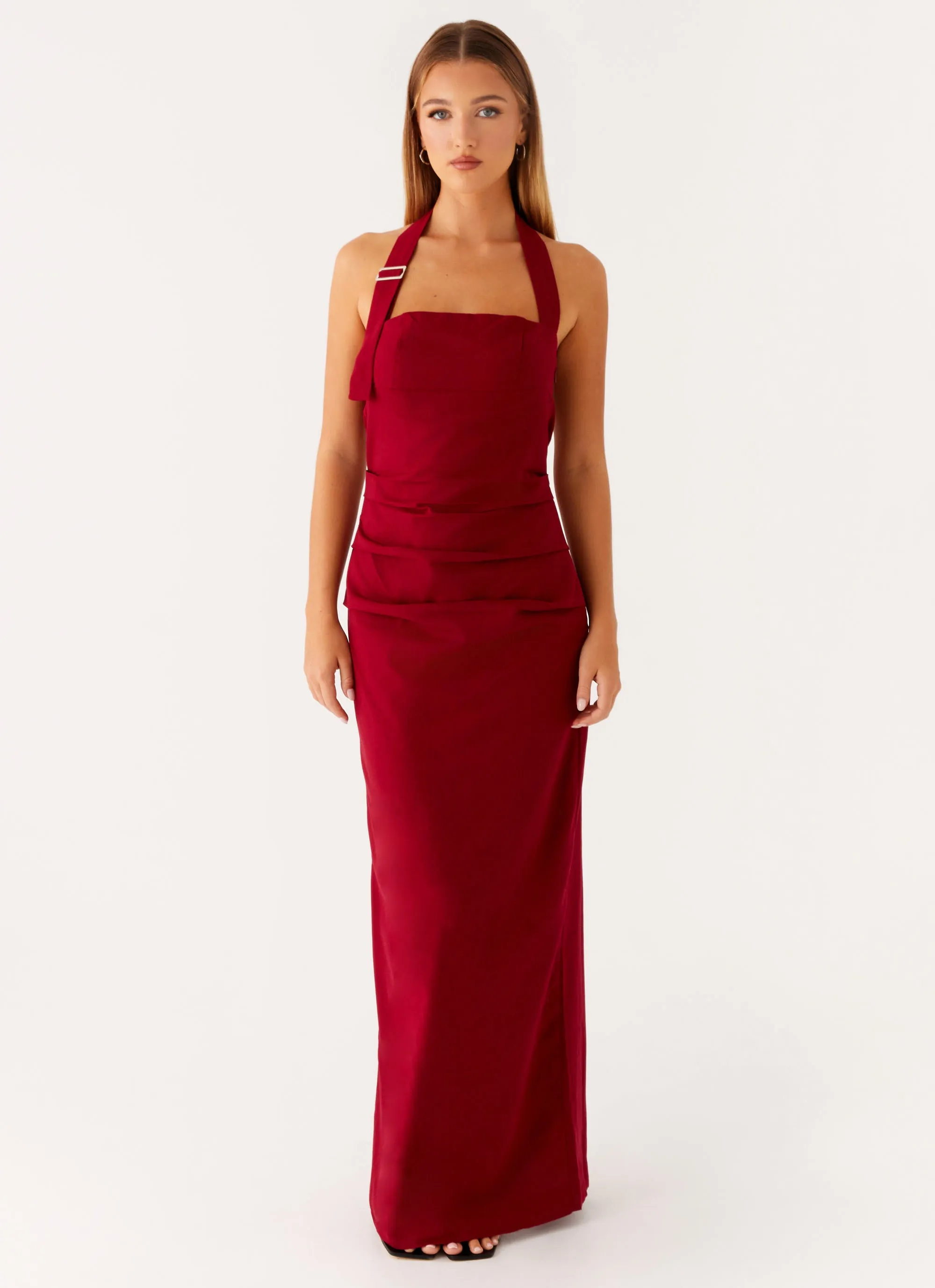 Rumour Has it Maxi Dress - Red No Slip Shoulder Grips Fitted Design