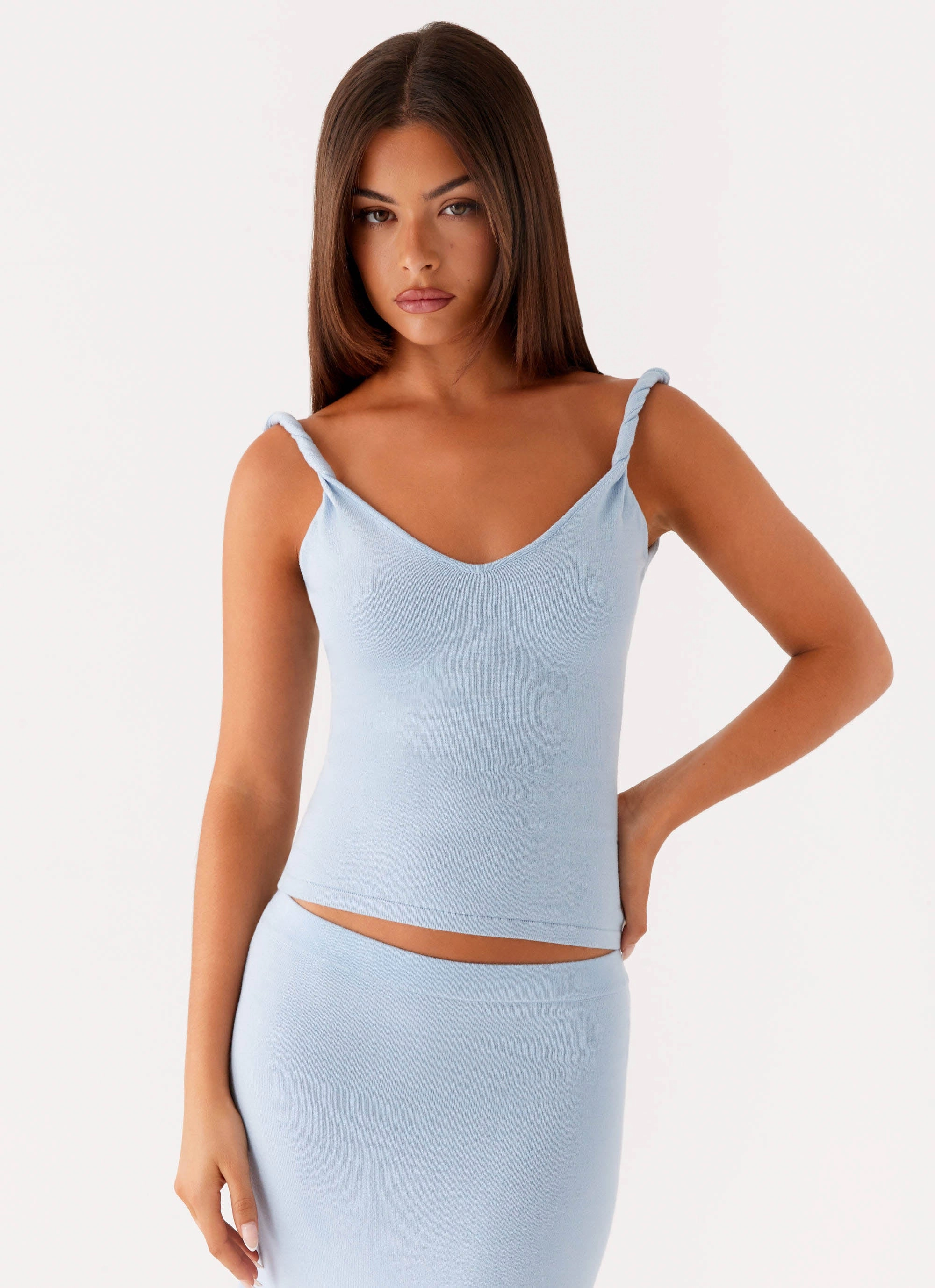 Slim Fit Wear Fashionable Waist Anastasia Knit Top - Blue