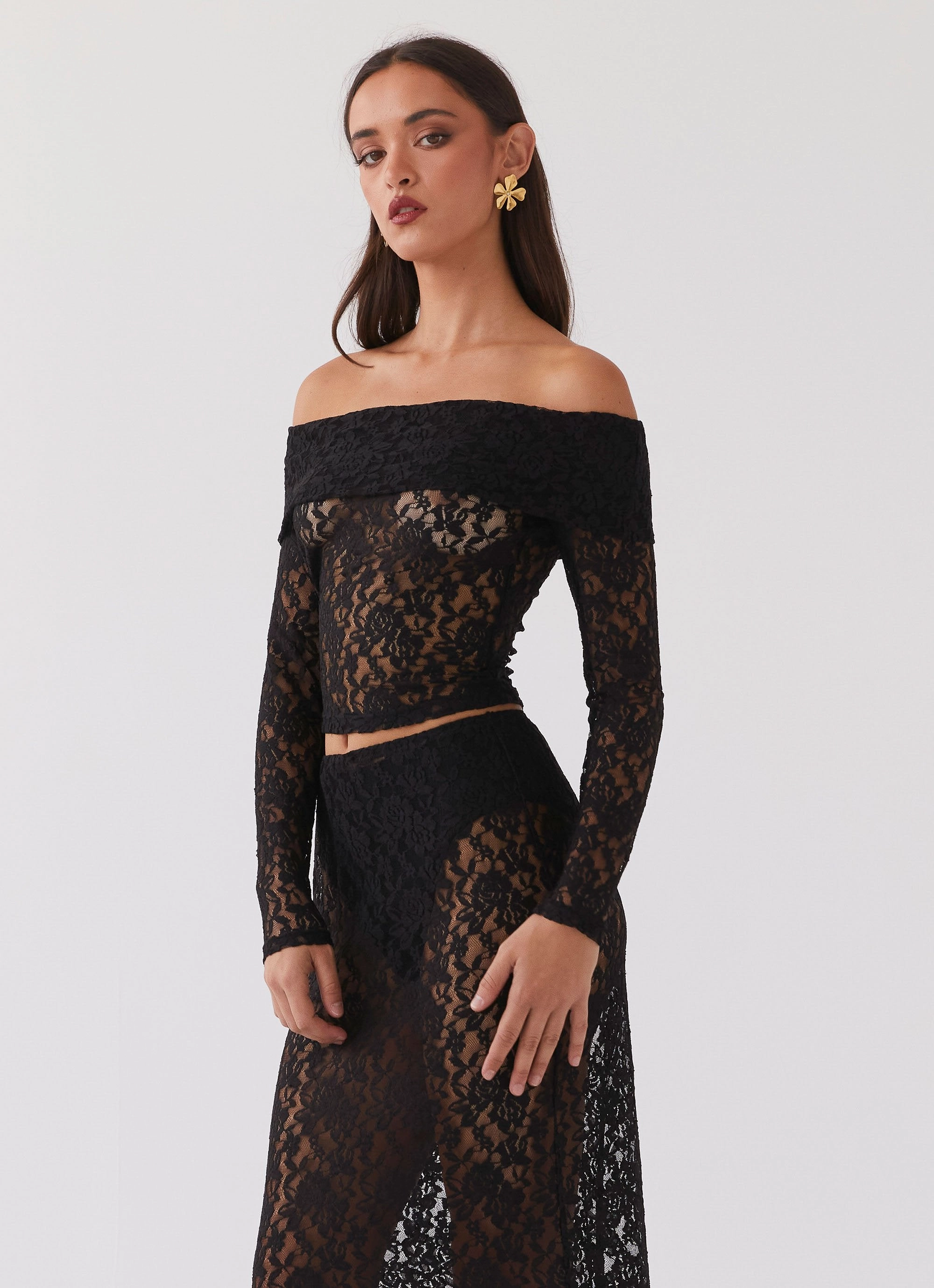 Zephyra Lace Long Sleeve Top - Black Stretch Comfort