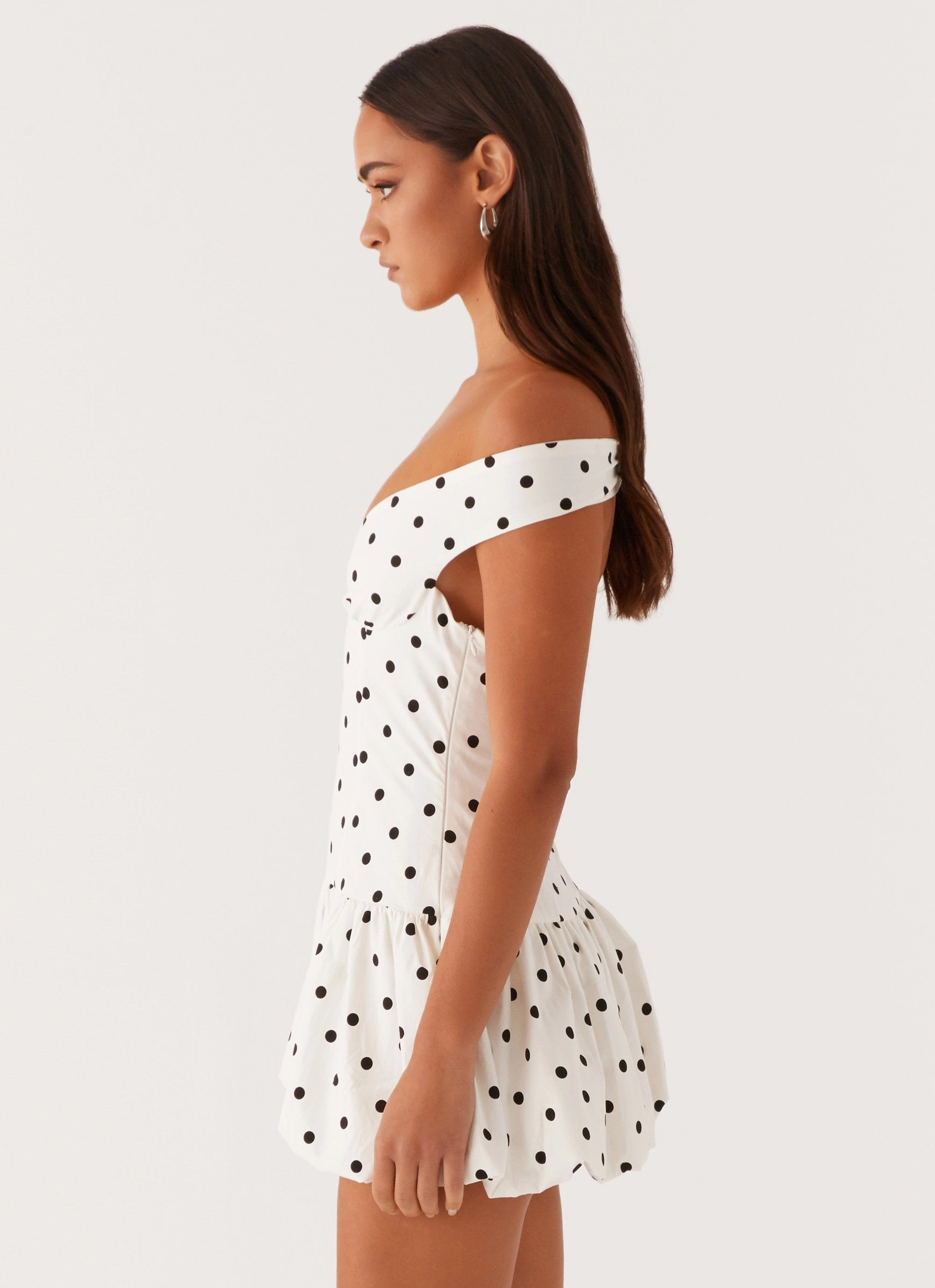 Endless Romance Off Shoulder Mini Dress - White Polka Dot Smile Glow