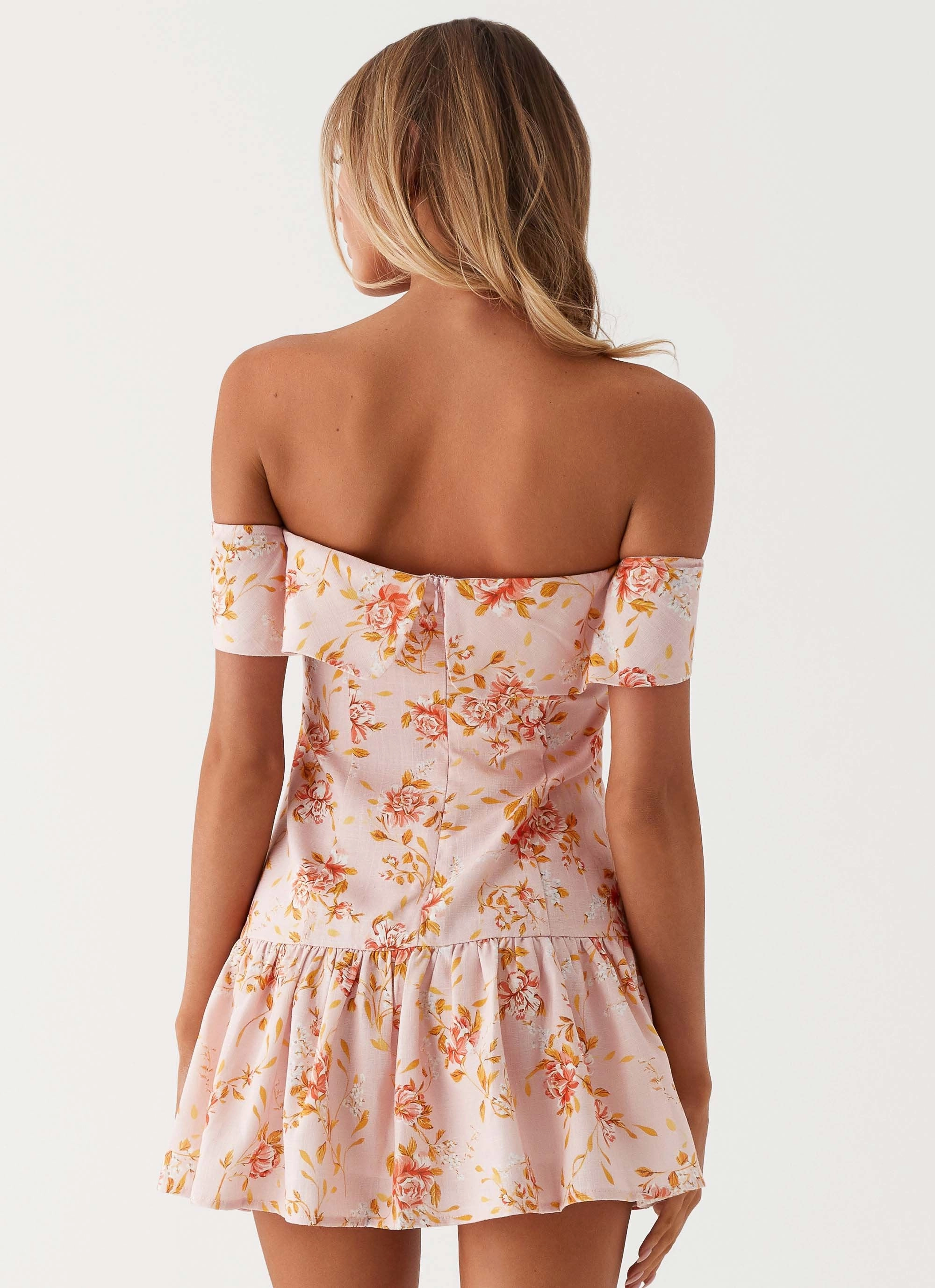 Thermal-Lined Aries Off Shoulder Linen Mini Dress - Pink Floral