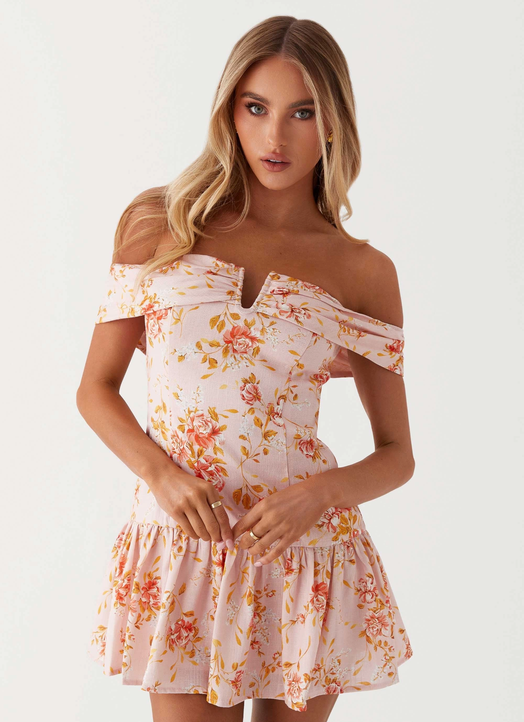 Stretch-Recovery Aries Off Shoulder Linen Mini Dress - Pink Floral