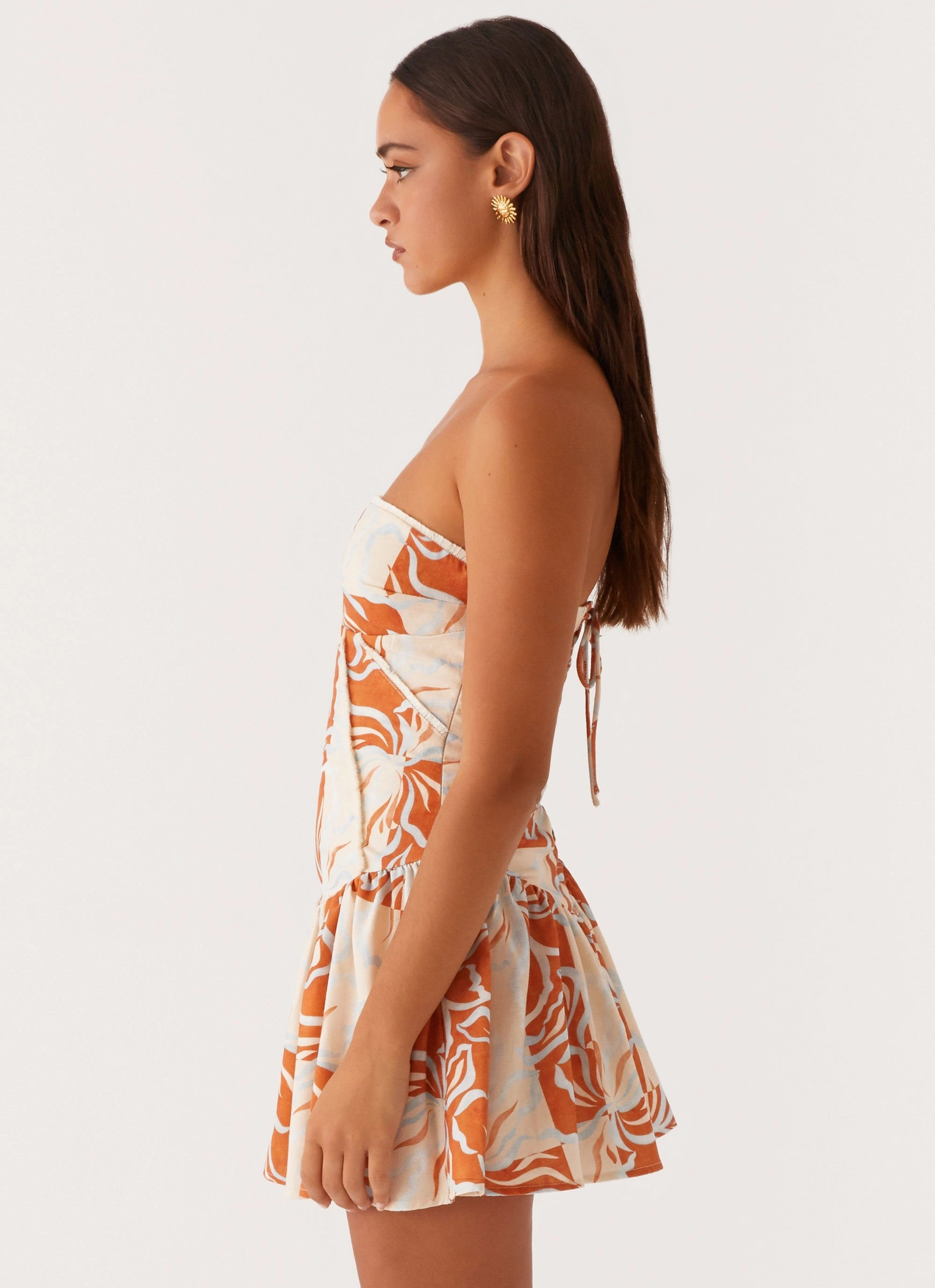 Larnie Linen Mini Dress - Orange Blue Floral retro-style