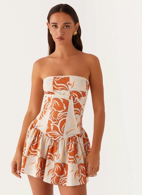 Larnie Linen Mini Dress - Orange Blue Floral Sleek Wear