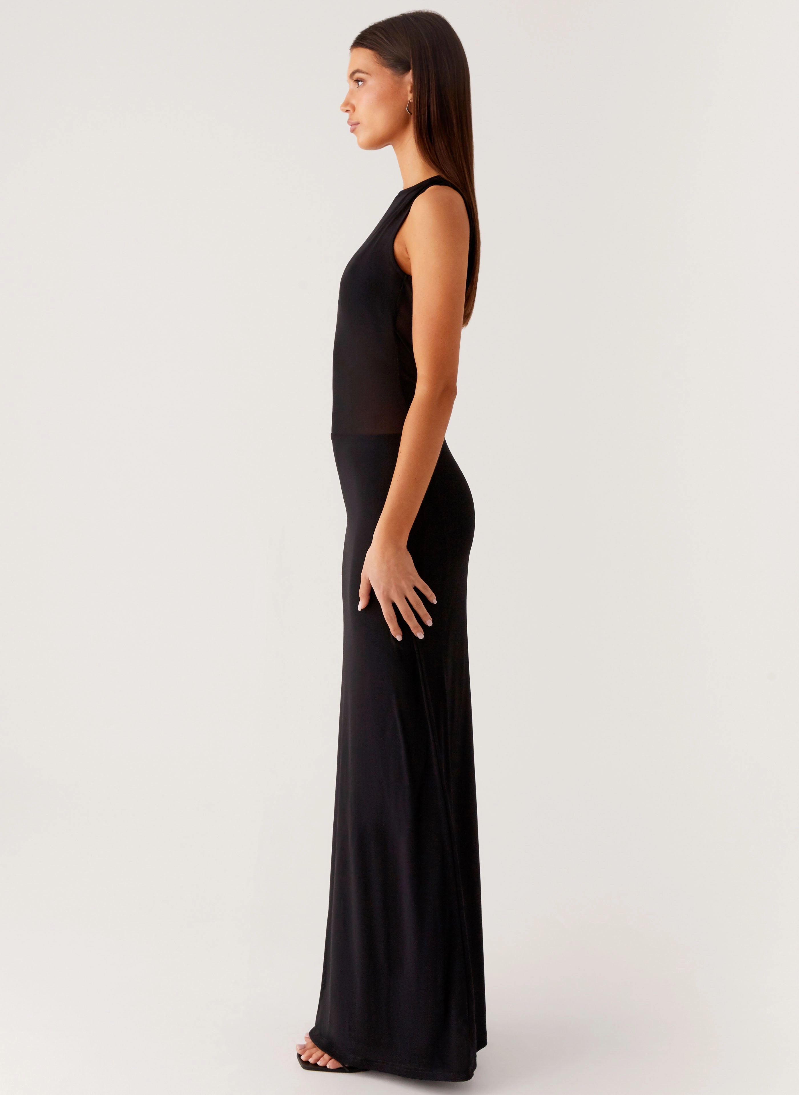 Street-Style Clean Cut Lyria Mesh Maxi Dress - Black