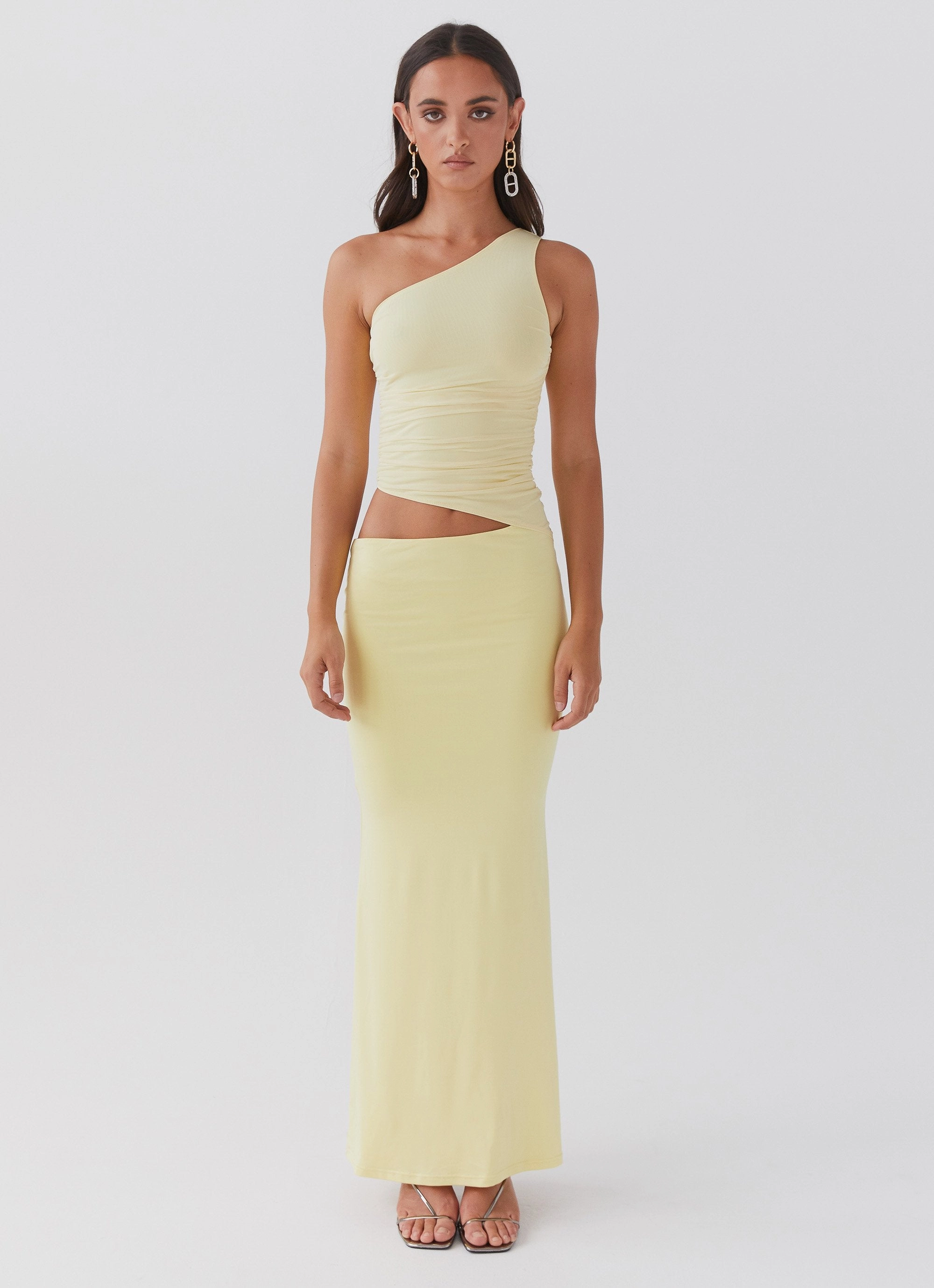 Cinched-Waist Seranella One Shoulder Maxi Dress - Lemon