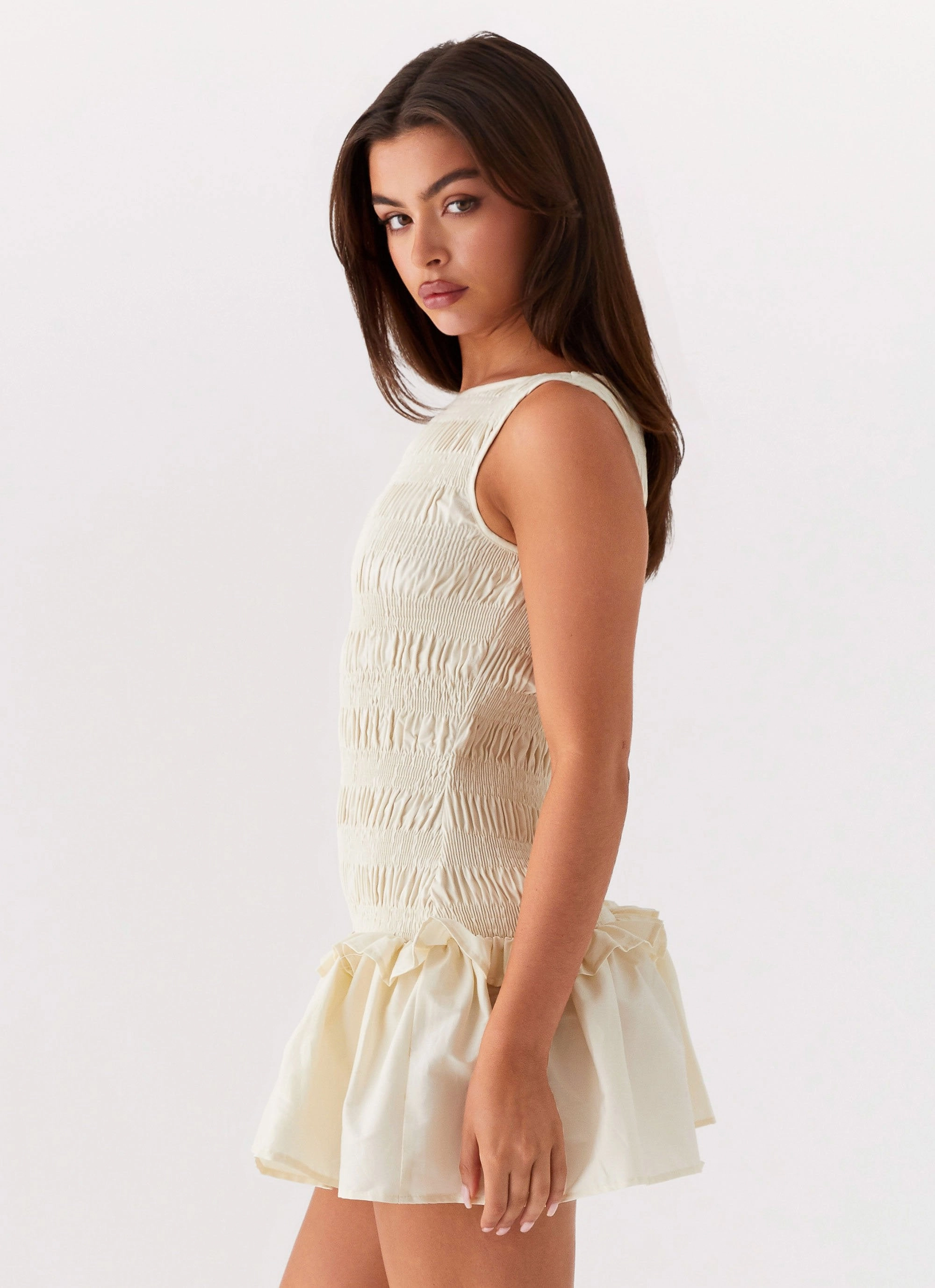 Sleek Flow Garden Kisses Shirred Mini Dress - Ivory