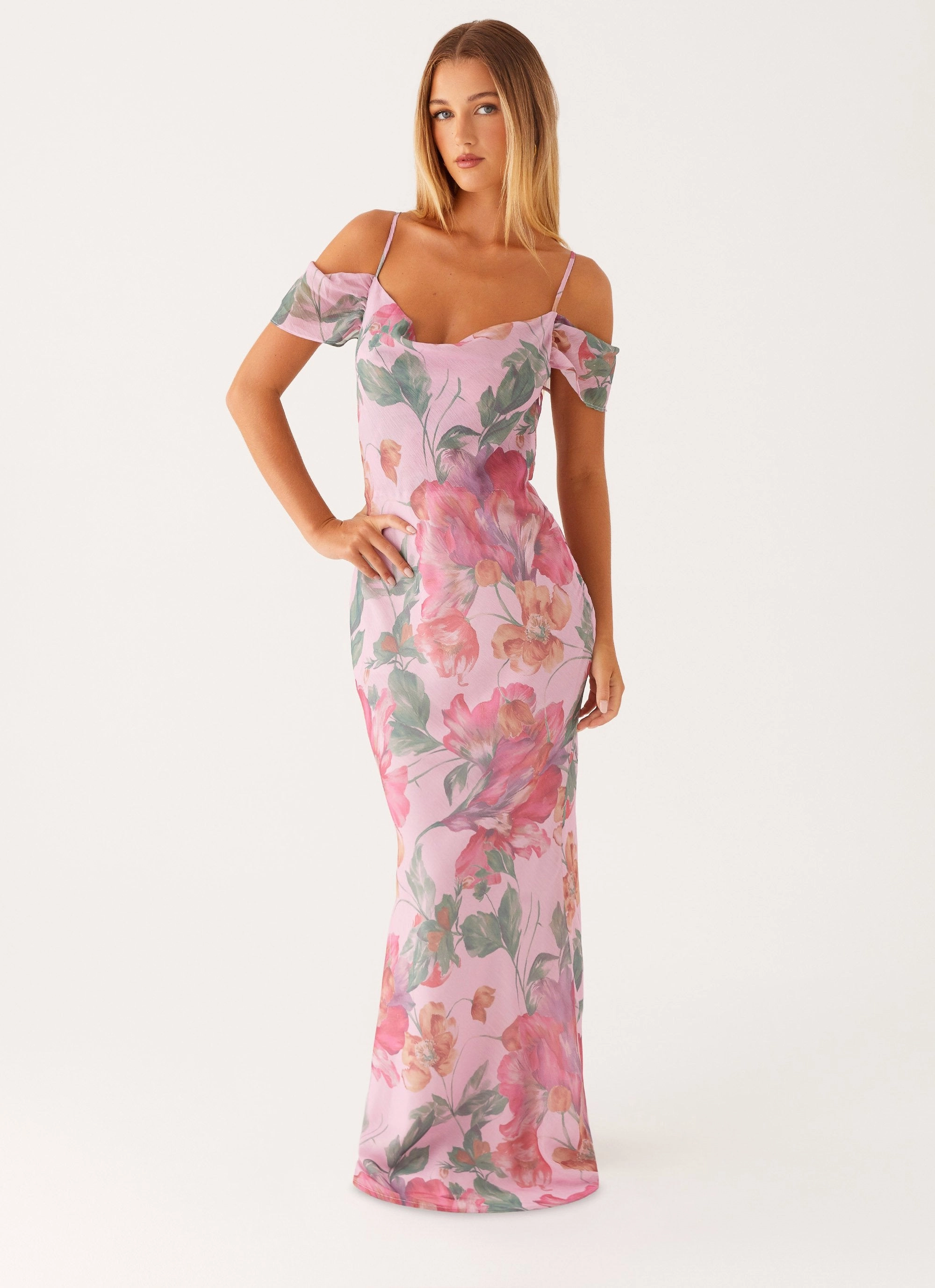 Seline Maxi Dress - Pink Floral Layering Fit Night Out