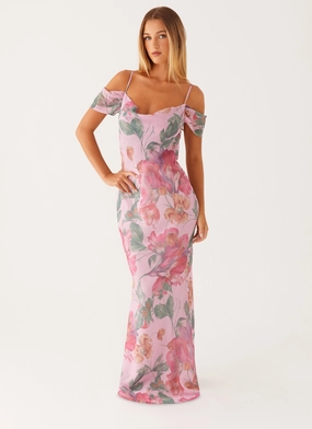 Seline Maxi Dress - Pink Floral Layering Fit Night Out