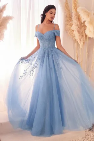CD C154 -Off The Shoulder Lace Accented Tulle A-Line Prom Gown with Sheer Boned Bodice & Leg Slit