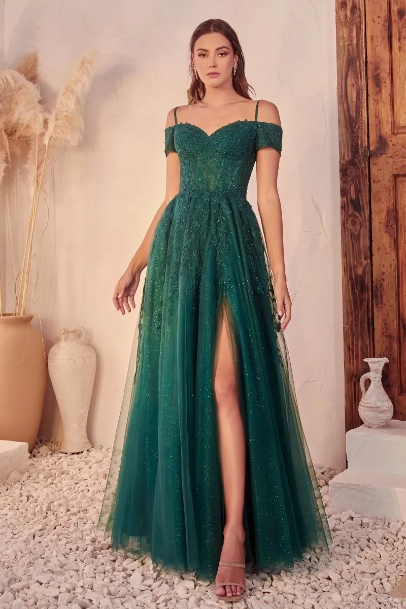 CD C154 -Off The Shoulder Lace Accented Tulle A-Line Prom Gown with Sheer Boned Bodice & Leg Slit