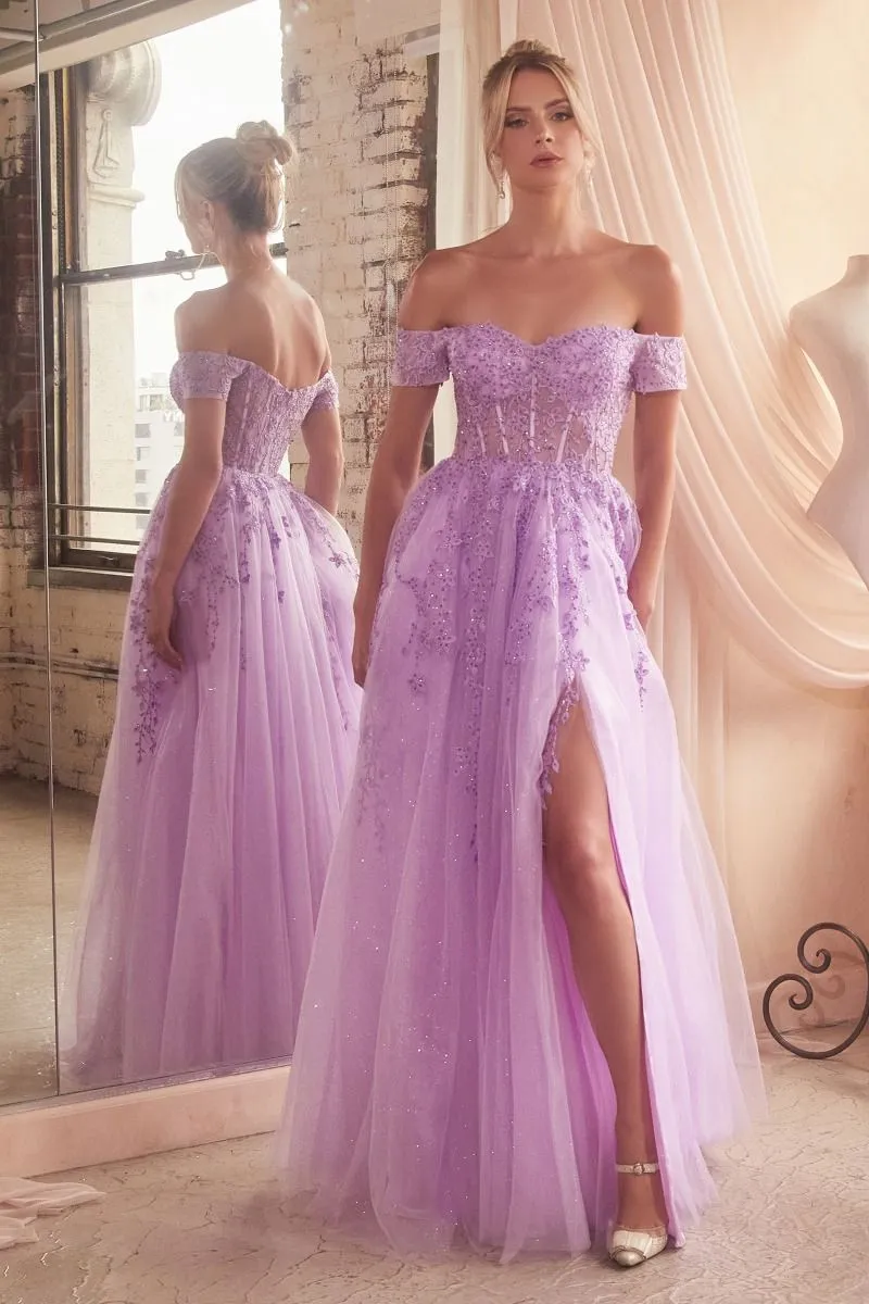 CD C154 -Off The Shoulder Lace Accented Tulle A-Line Prom Gown with Sheer Boned Bodice & Leg Slit