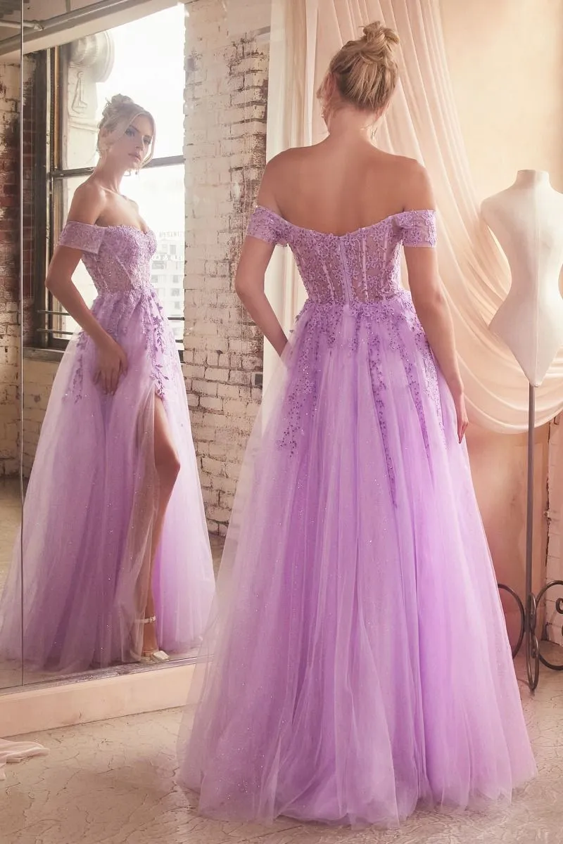 CD C154 -Off The Shoulder Lace Accented Tulle A-Line Prom Gown with Sheer Boned Bodice & Leg Slit