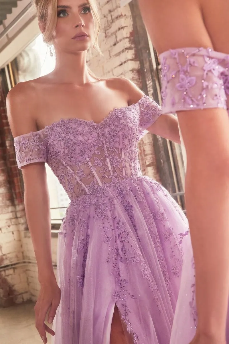 CD C154 -Off The Shoulder Lace Accented Tulle A-Line Prom Gown with Sheer Boned Bodice & Leg Slit