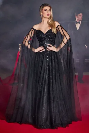 CD CD0204 - Shimmer Tulle A-Line Prom Gown with Beaded Bodice & Removeable Cape Sleeves
