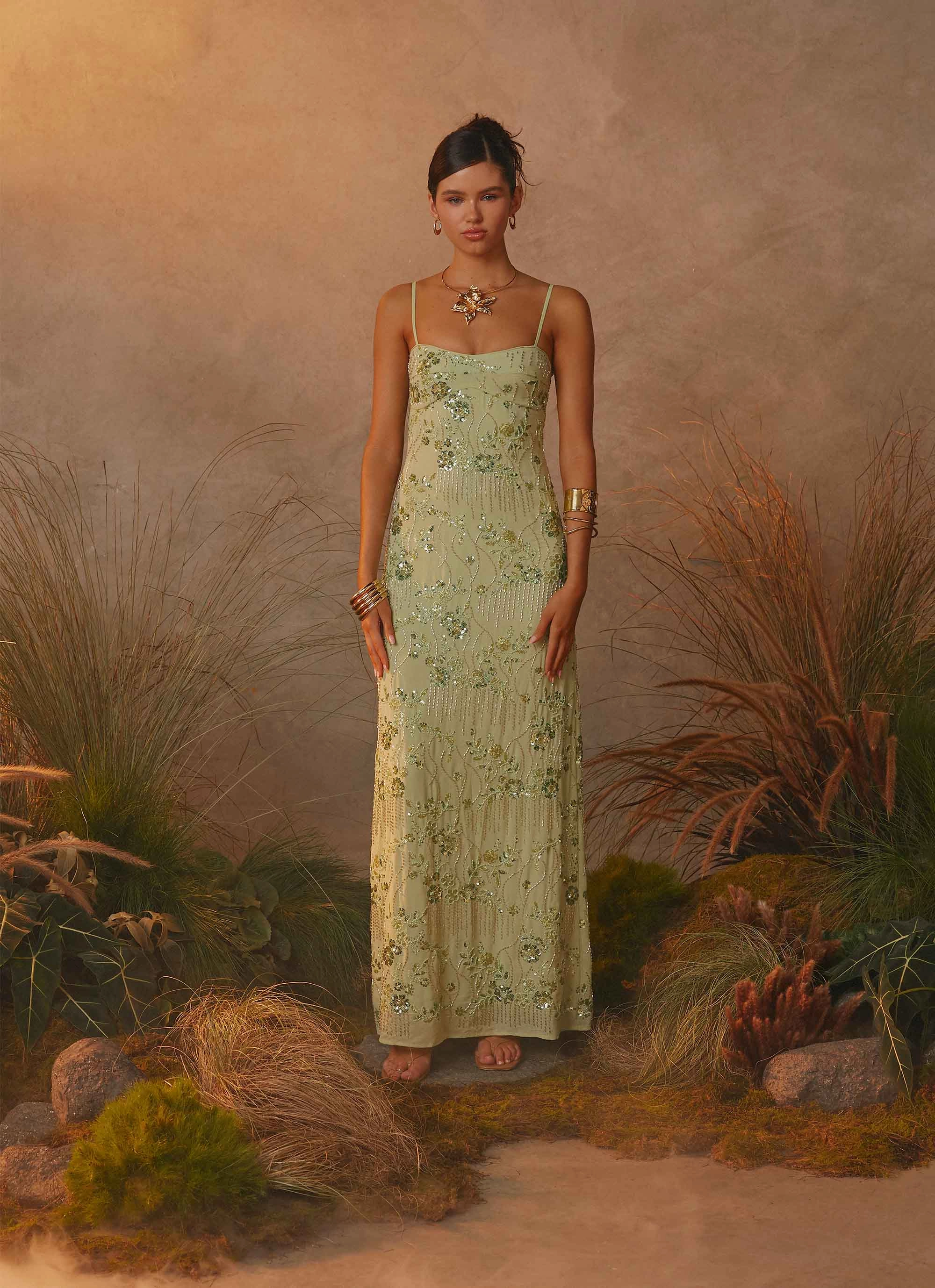 Vibrant Design Vacation Outfit Celandine Beaded Maxi Dress - Lime