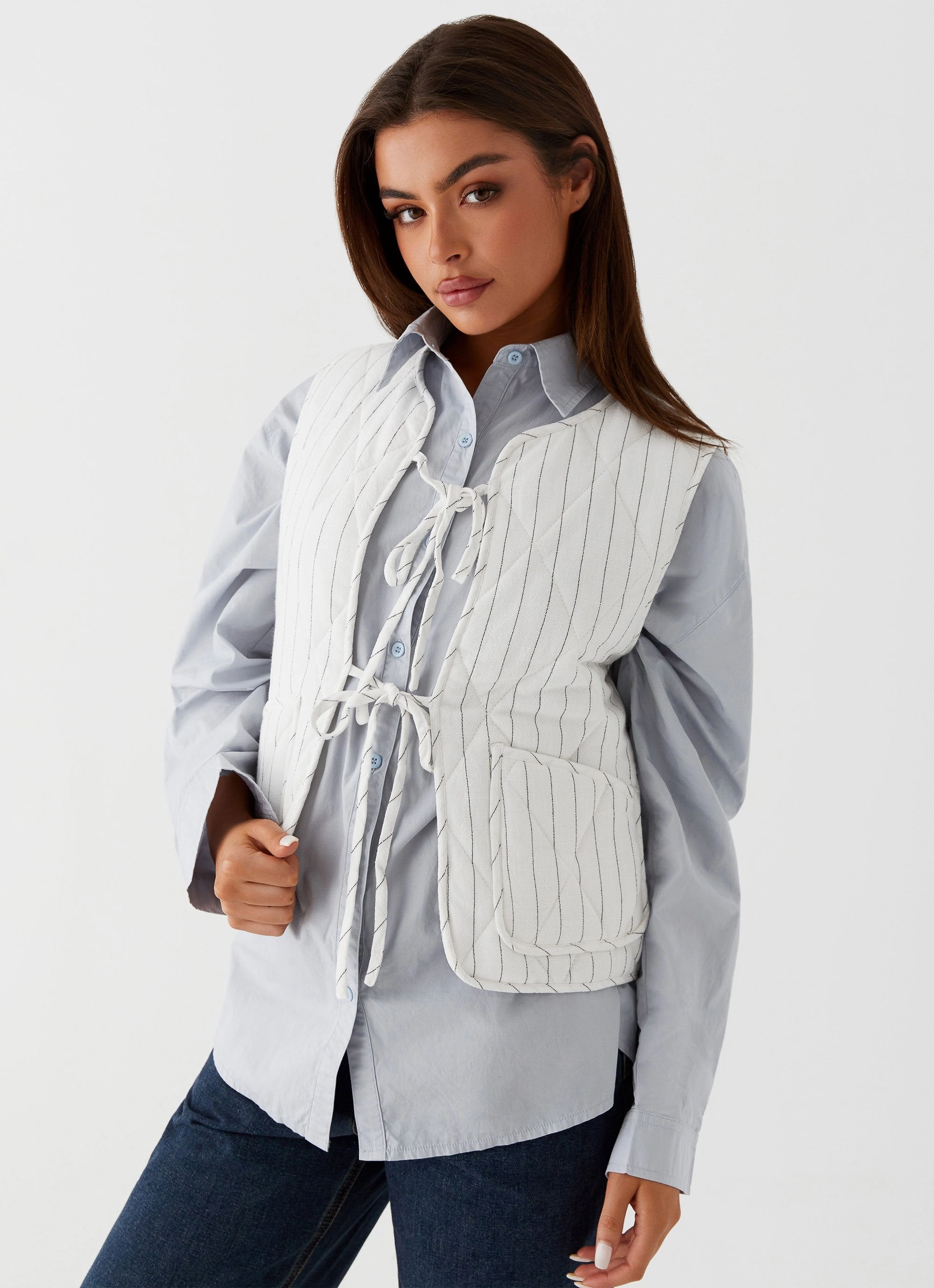Celini Quilted Vest - White Pinstripe SoftLining