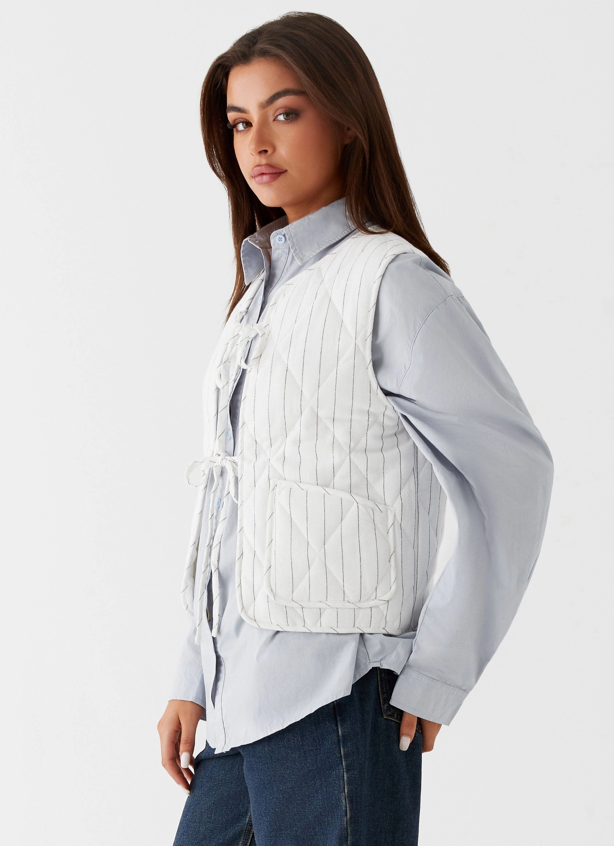 VNeckReinforcement Celini Quilted Vest - White Pinstripe
