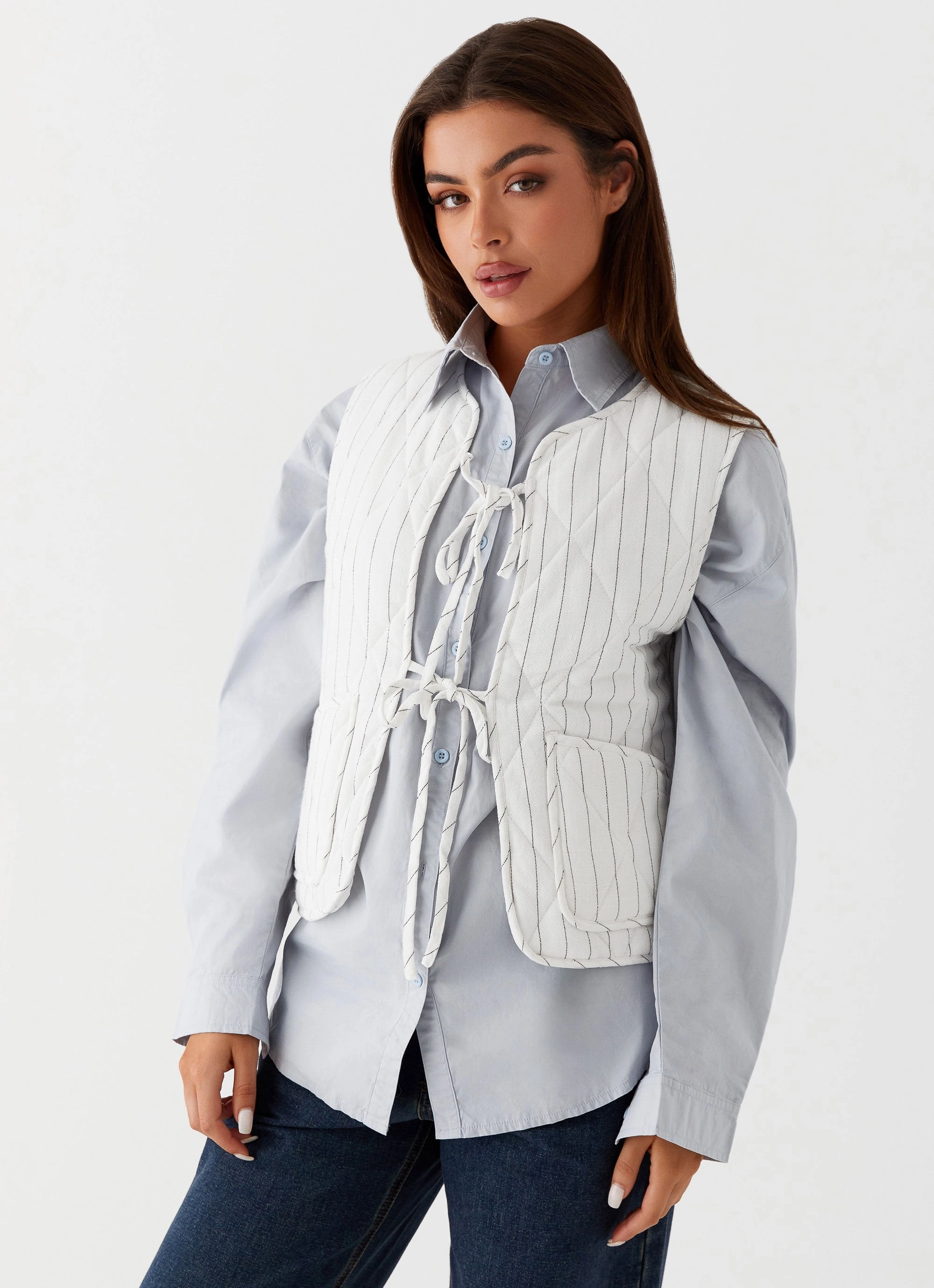 Celini Quilted Vest - White Pinstripe Odor Resistant Finish