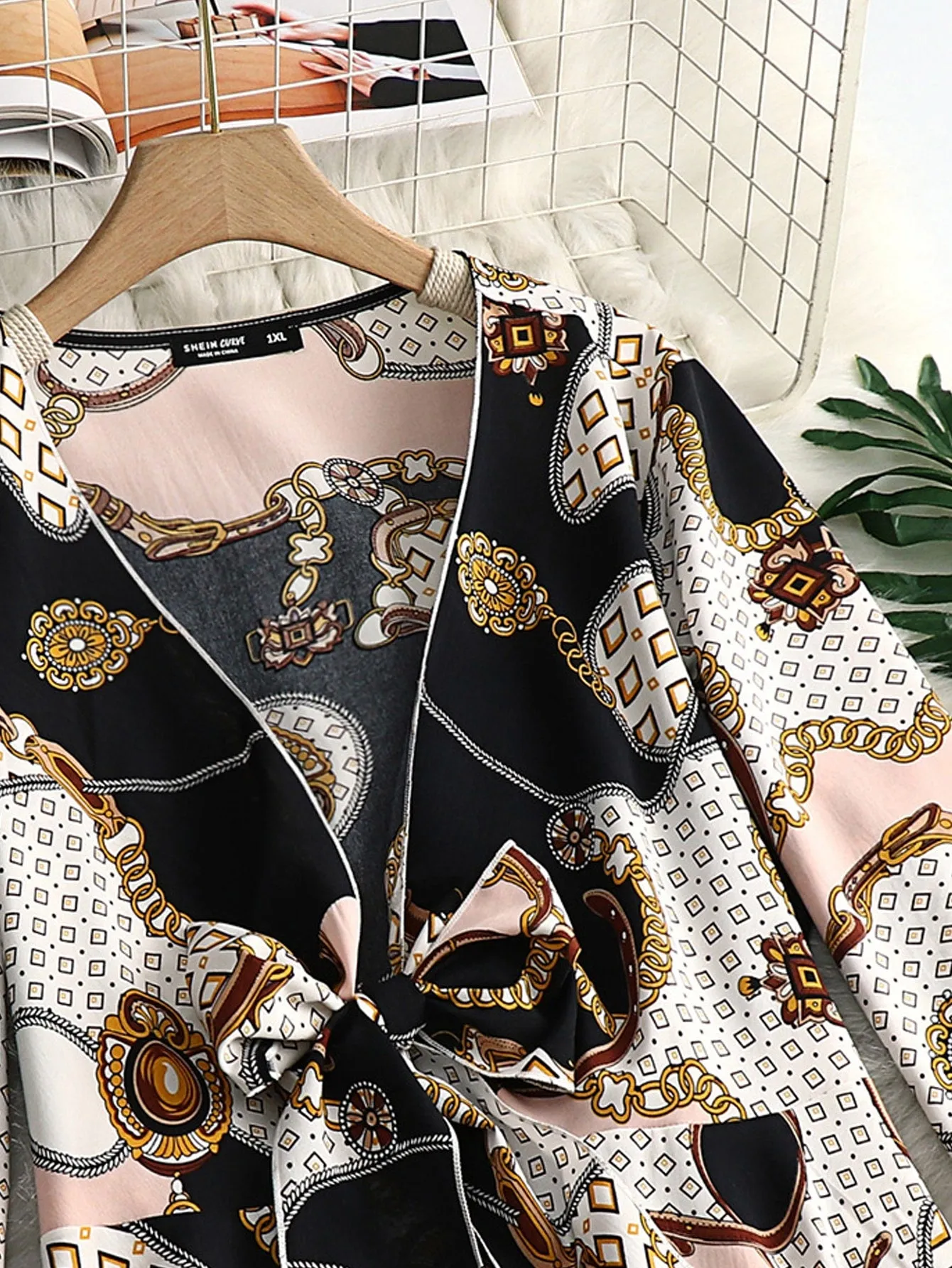 Chain Print Ruffle Hem Long Sleeve Deep V Neck Regular Plus Size Blouse