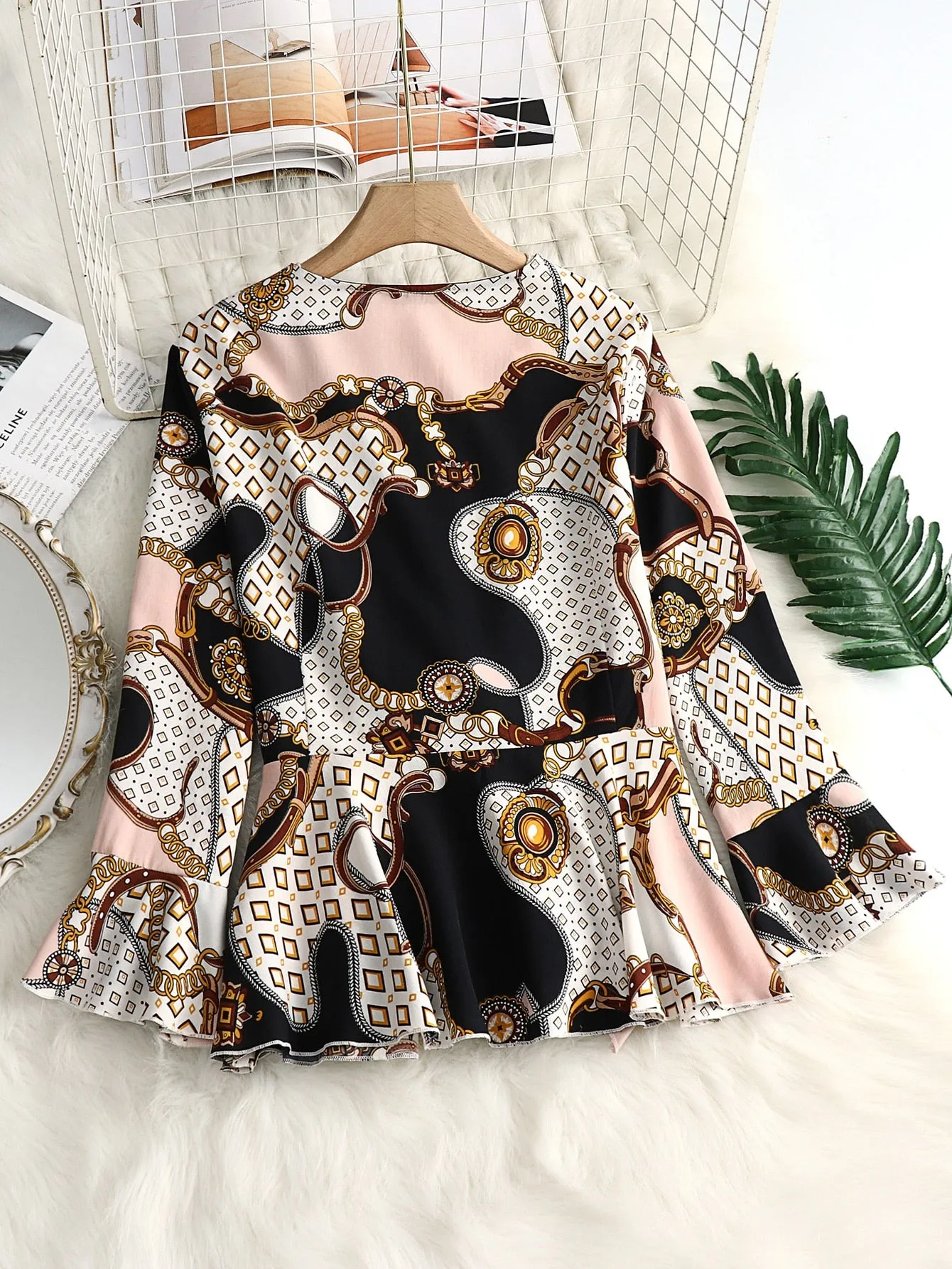 Chain Print Ruffle Hem Long Sleeve Deep V Neck Regular Plus Size Blouse