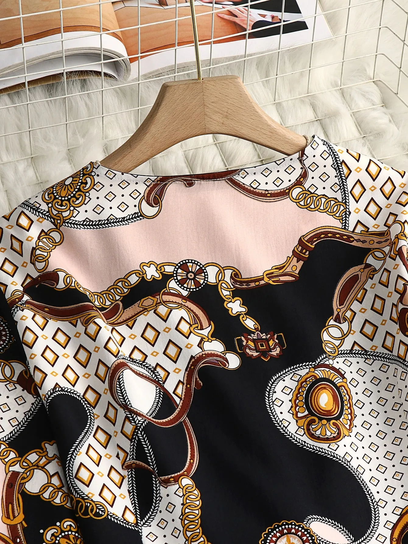 Chain Print Ruffle Hem Long Sleeve Deep V Neck Regular Plus Size Blouse