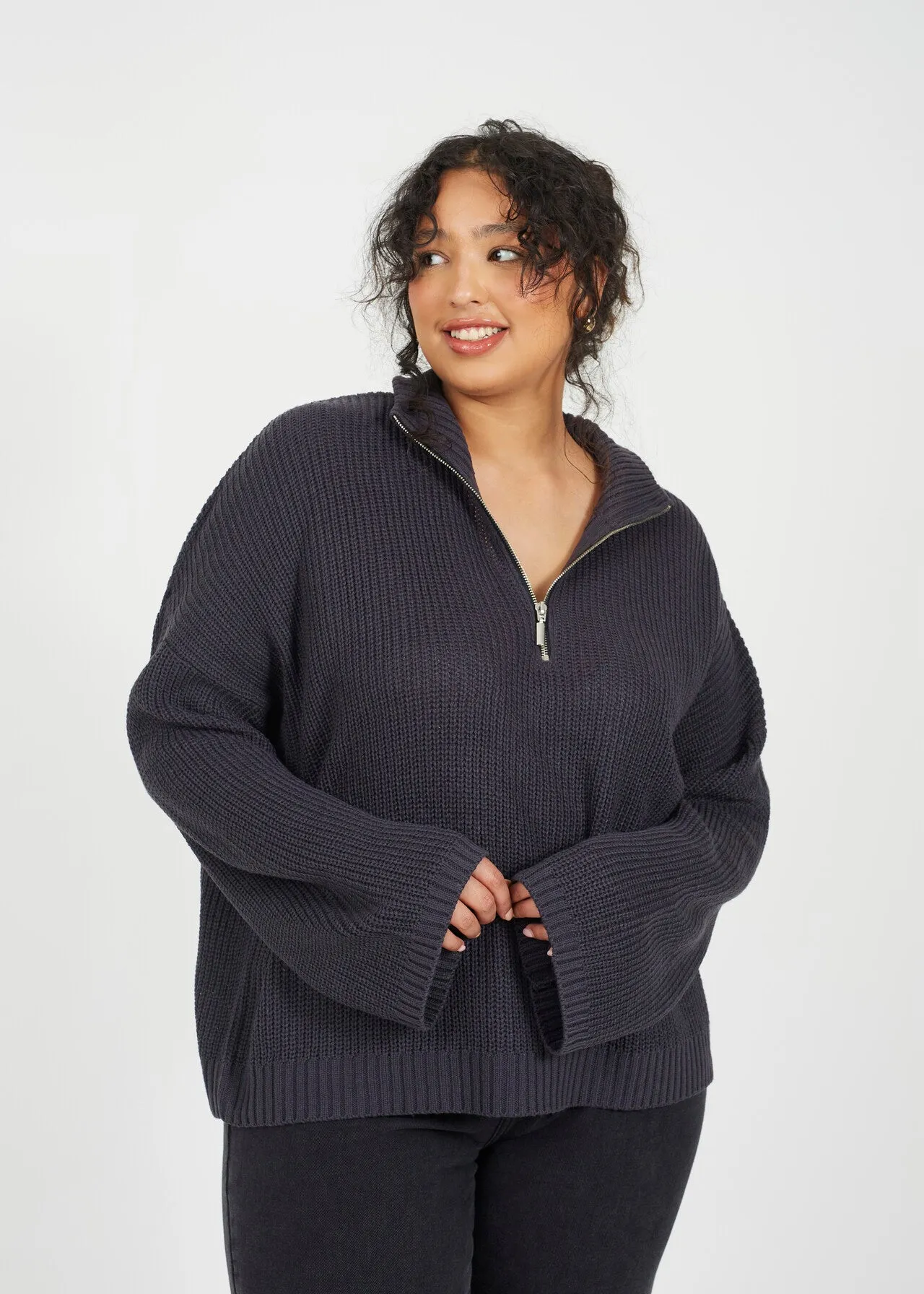 CHARCOAL PLUS WIDE SLEEVE JUMPER WITH HALF ZIP NECK