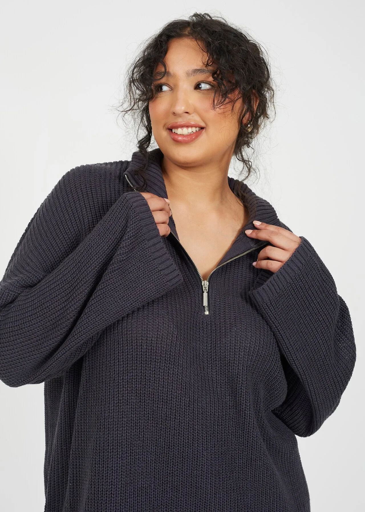 CHARCOAL PLUS WIDE SLEEVE JUMPER WITH HALF ZIP NECK