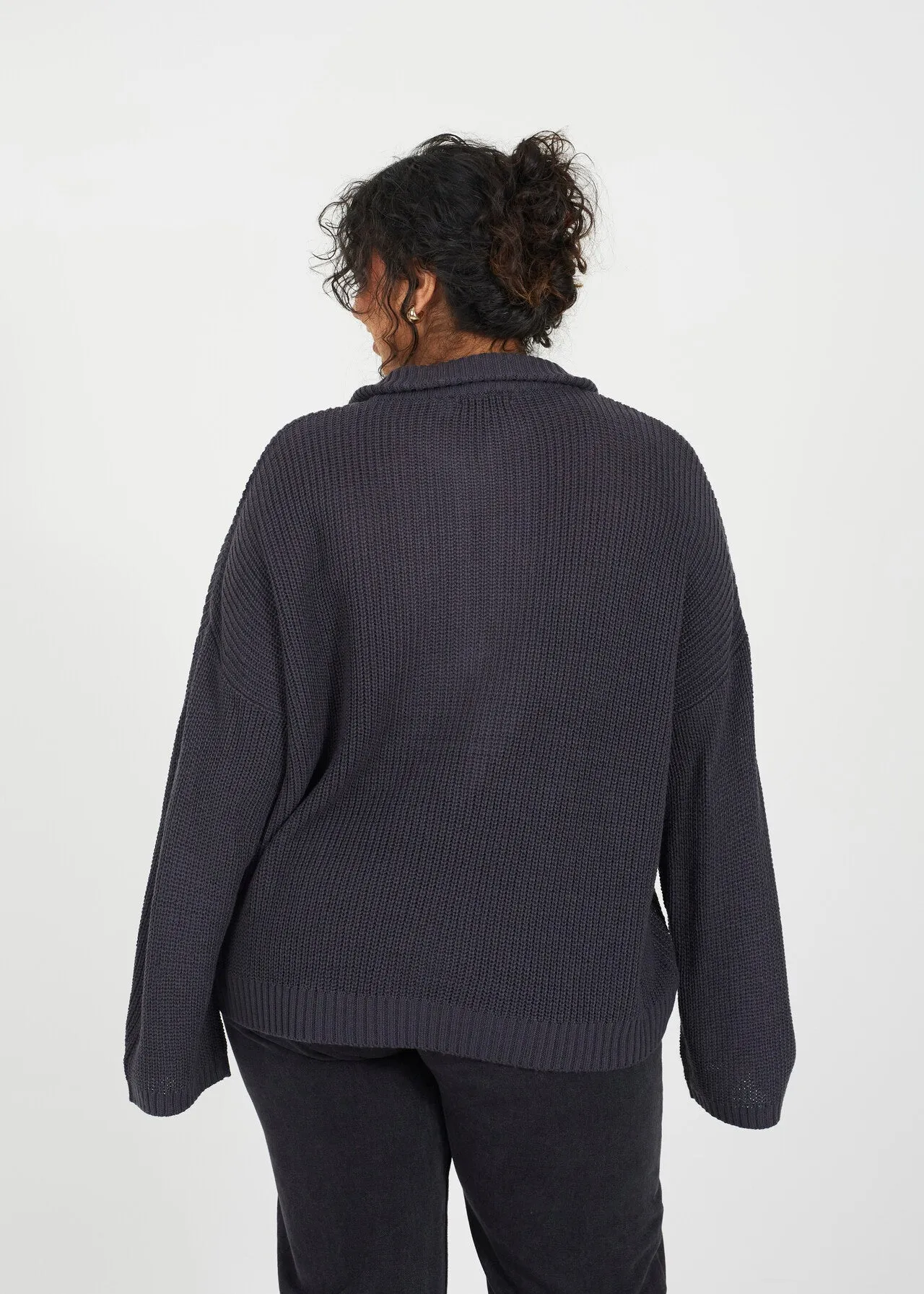 CHARCOAL PLUS WIDE SLEEVE JUMPER WITH HALF ZIP NECK