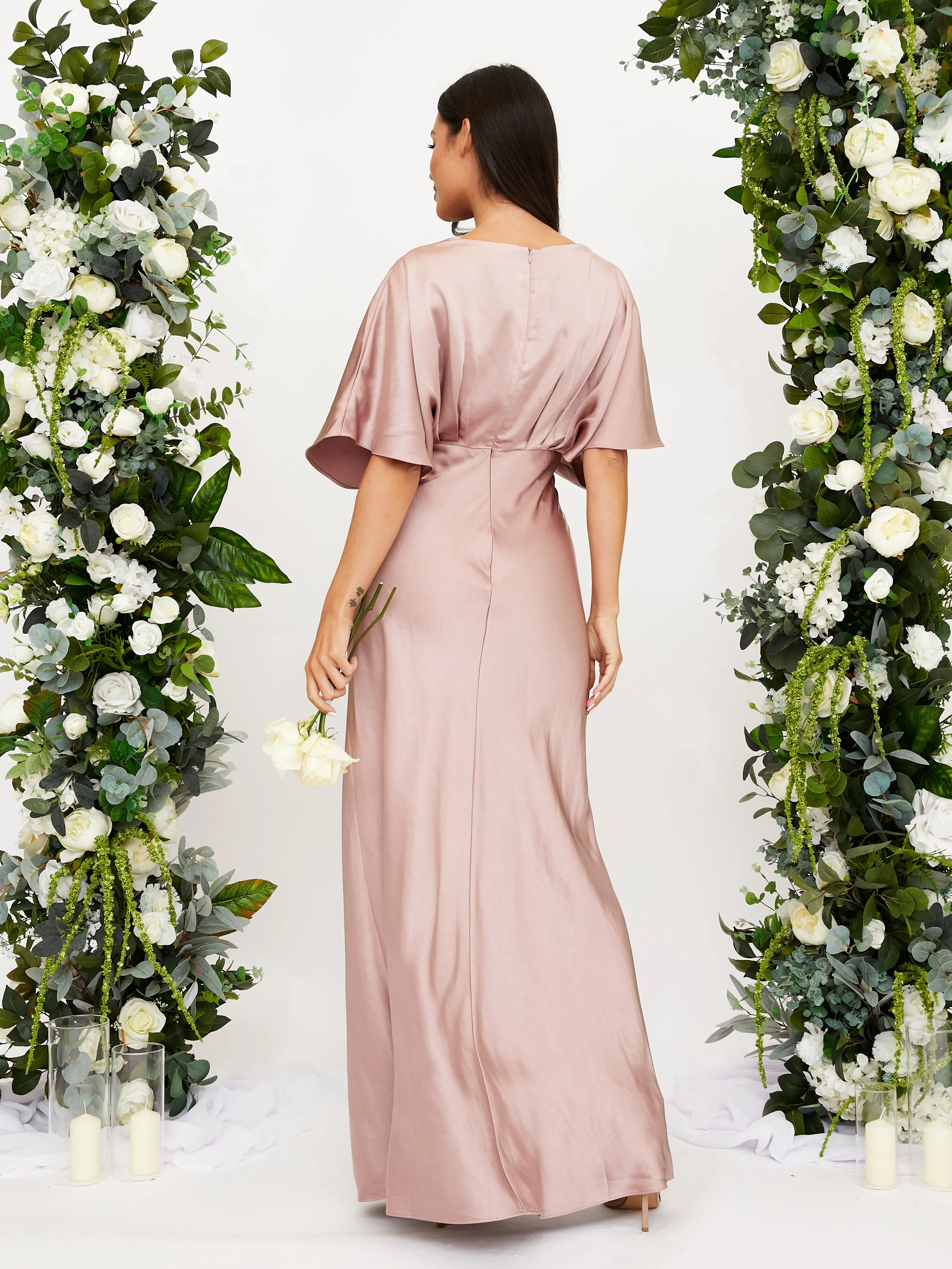 All Day Ready Casual Must-Have Angel Sleeve Maxi Satin Dress / Blush