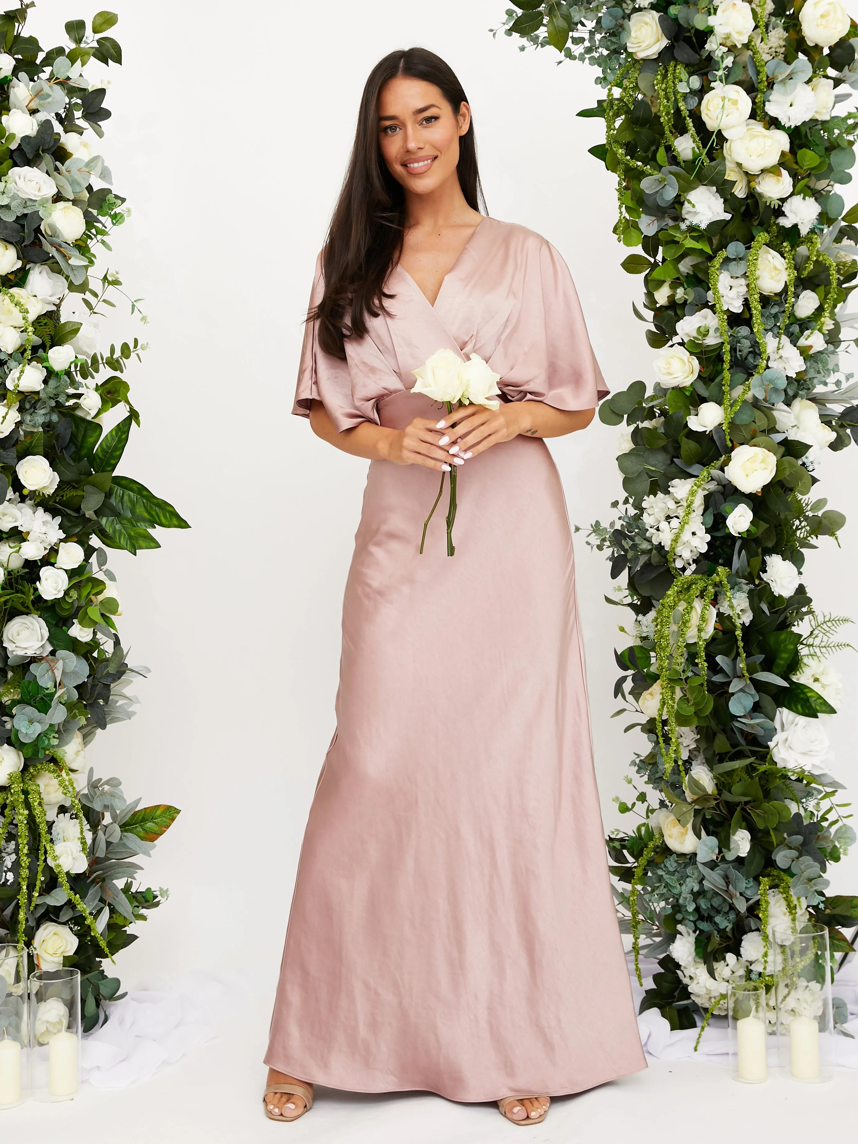 Angel Sleeve Maxi Satin Dress / Blush Dew Tone Sleek Volume