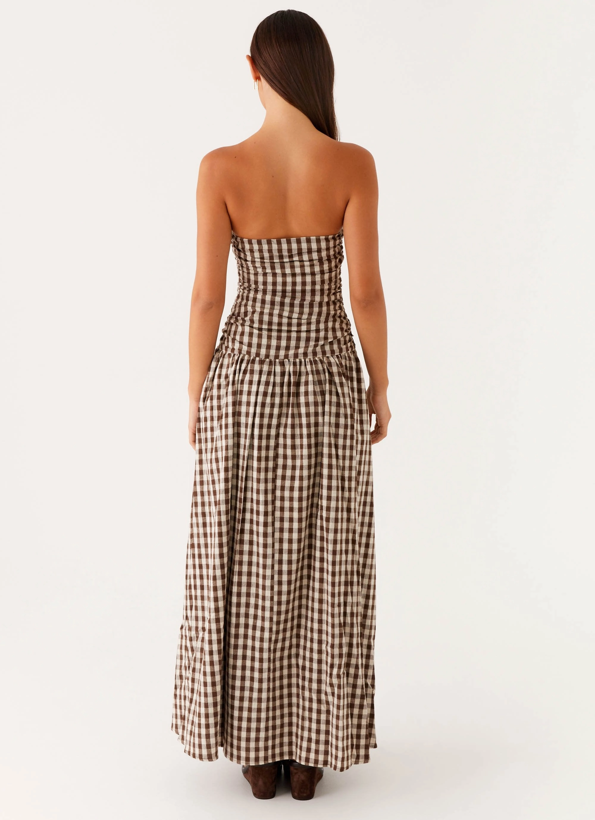 Carmel Maxi Dress - Brown Gingham Seamless Finish Cool Texture