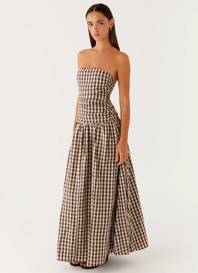 Charming Comfort Carmel Maxi Dress - Brown Gingham Dreamy Texture Comfortable fit Carmel Maxi Dress - Brown Gingham